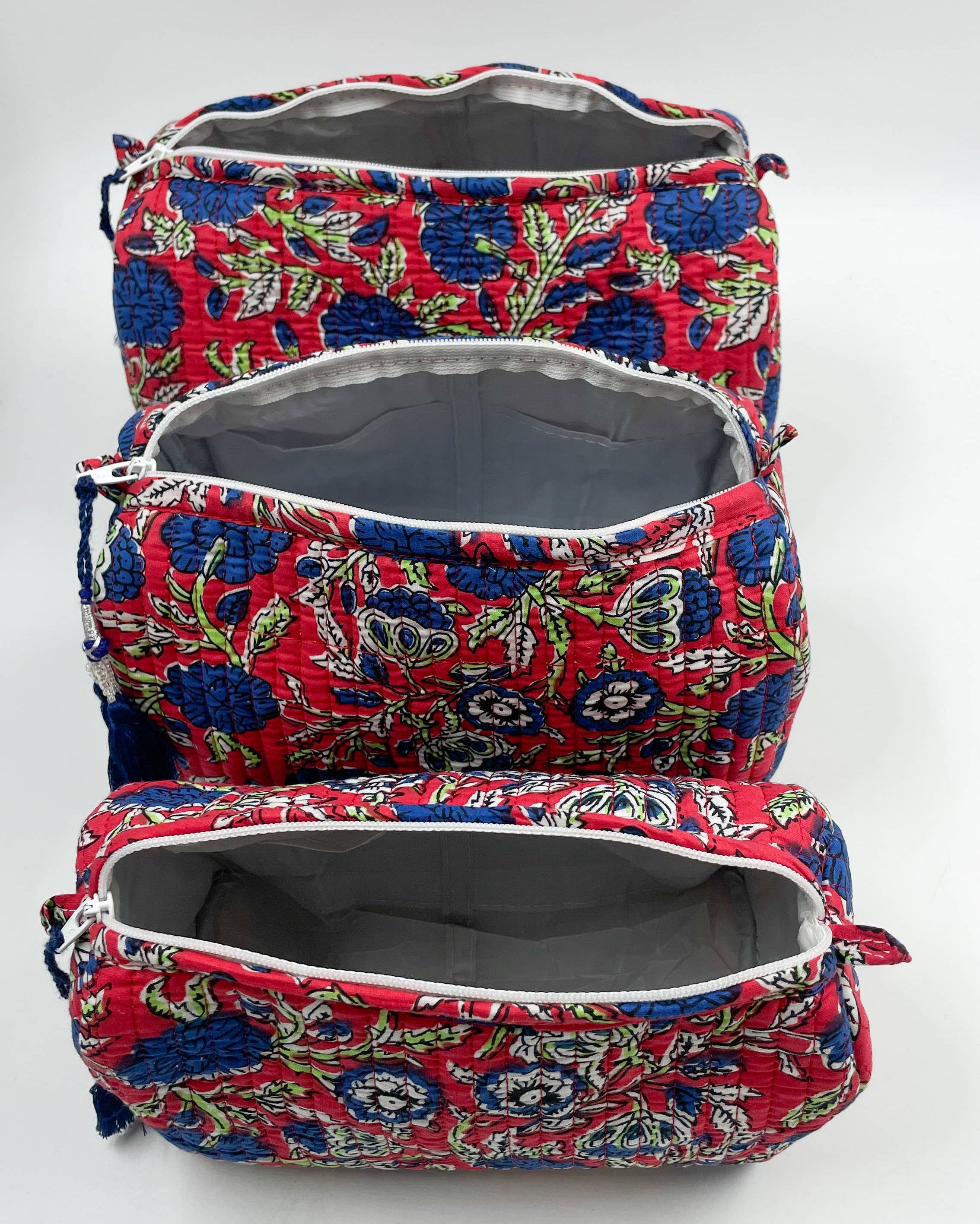 Red & Deep Blue Floral Quilted Wash / Makeup Bag Set (Set of 3)