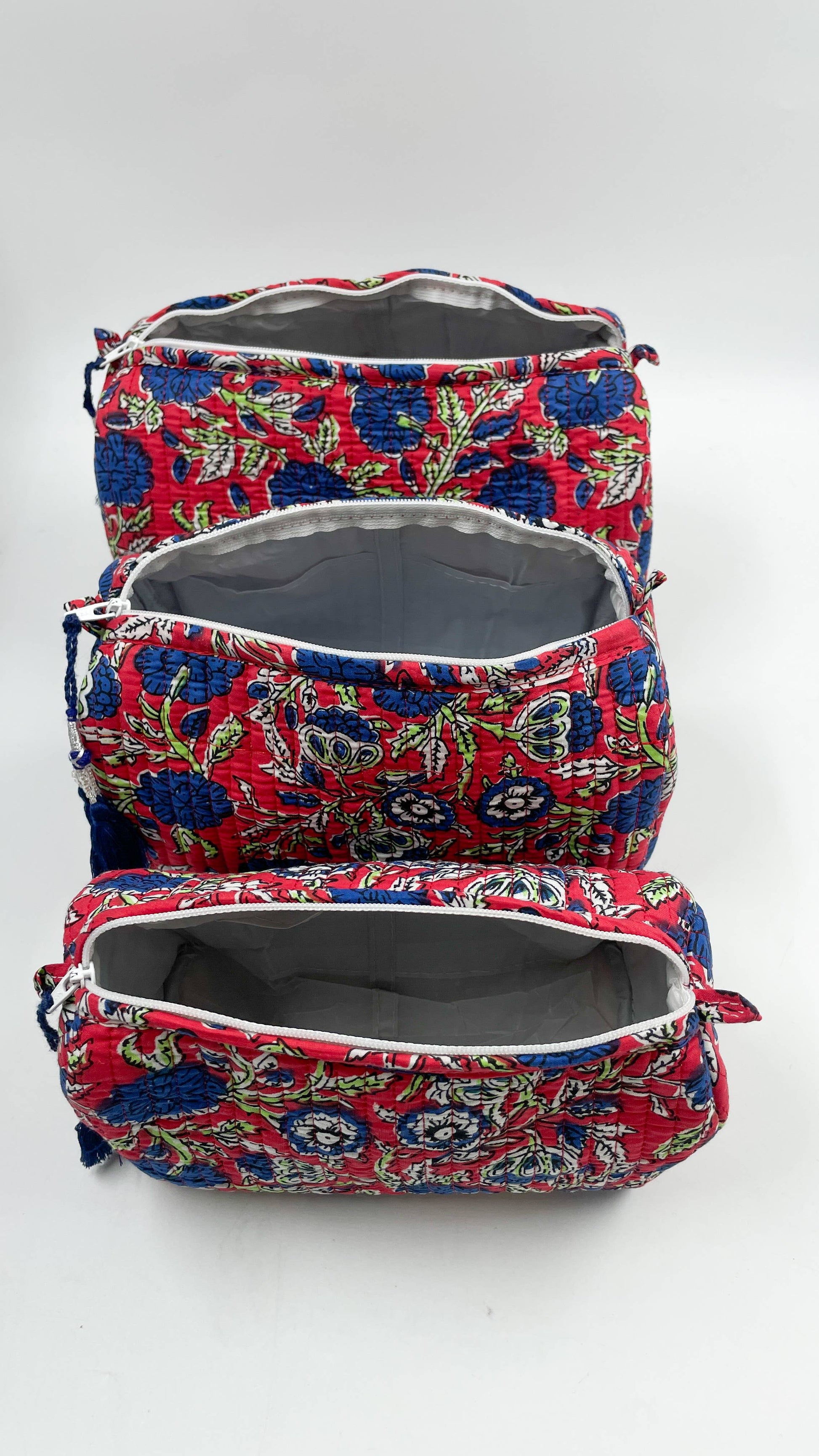 Red & Deep Blue Floral Quilted Wash / Makeup Bag Set (Set of 3)