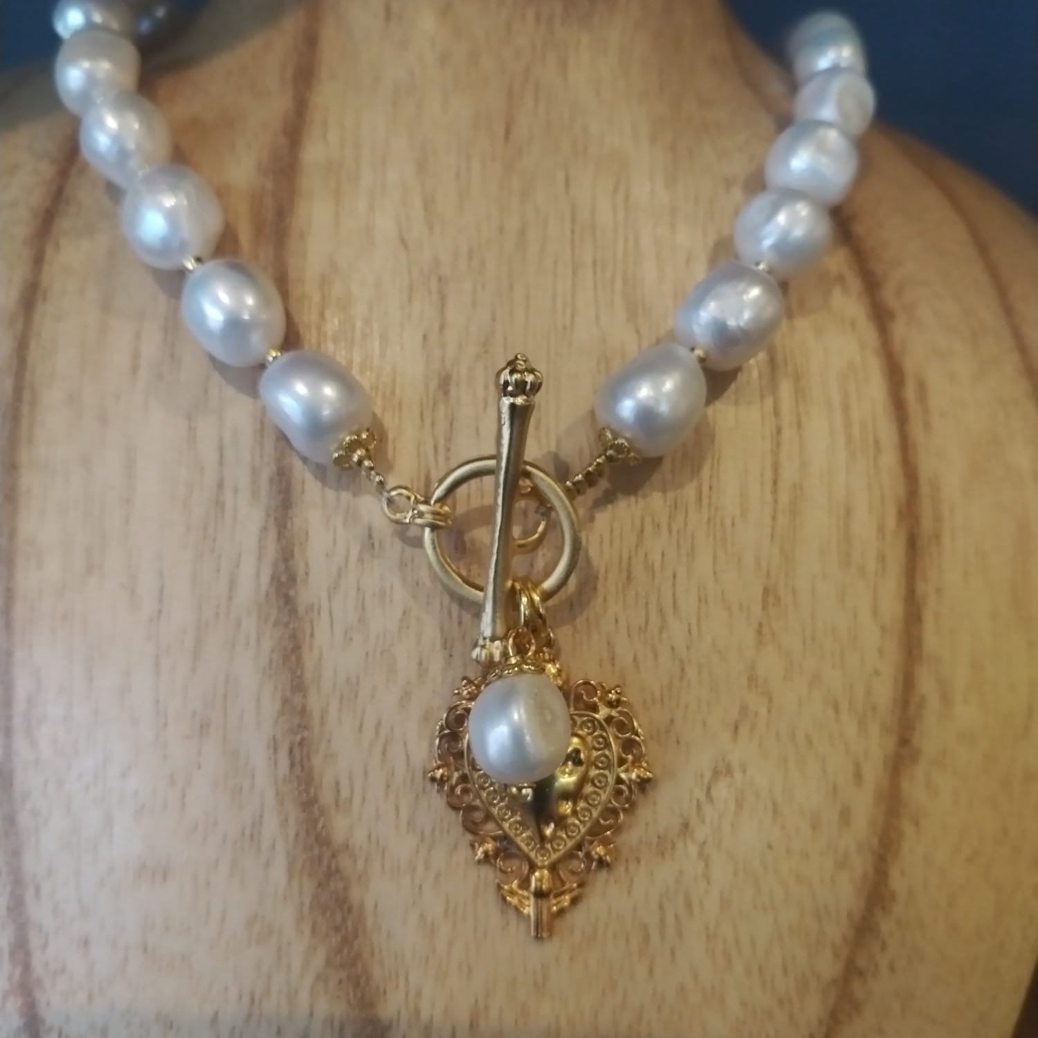 Freshwater Pearl Necklace with Gold Heart