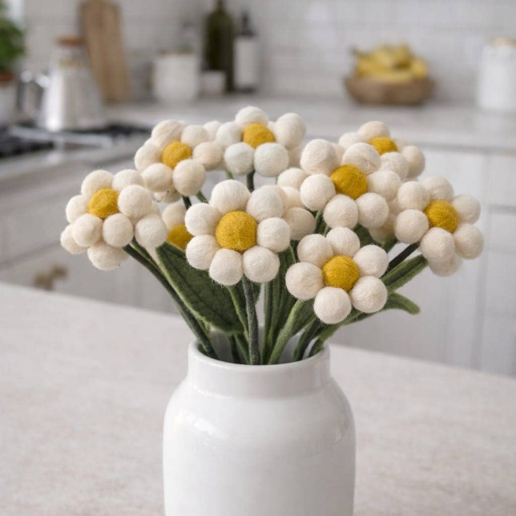White Felt Flower Stem – Handcrafted Felt Flower Decoration