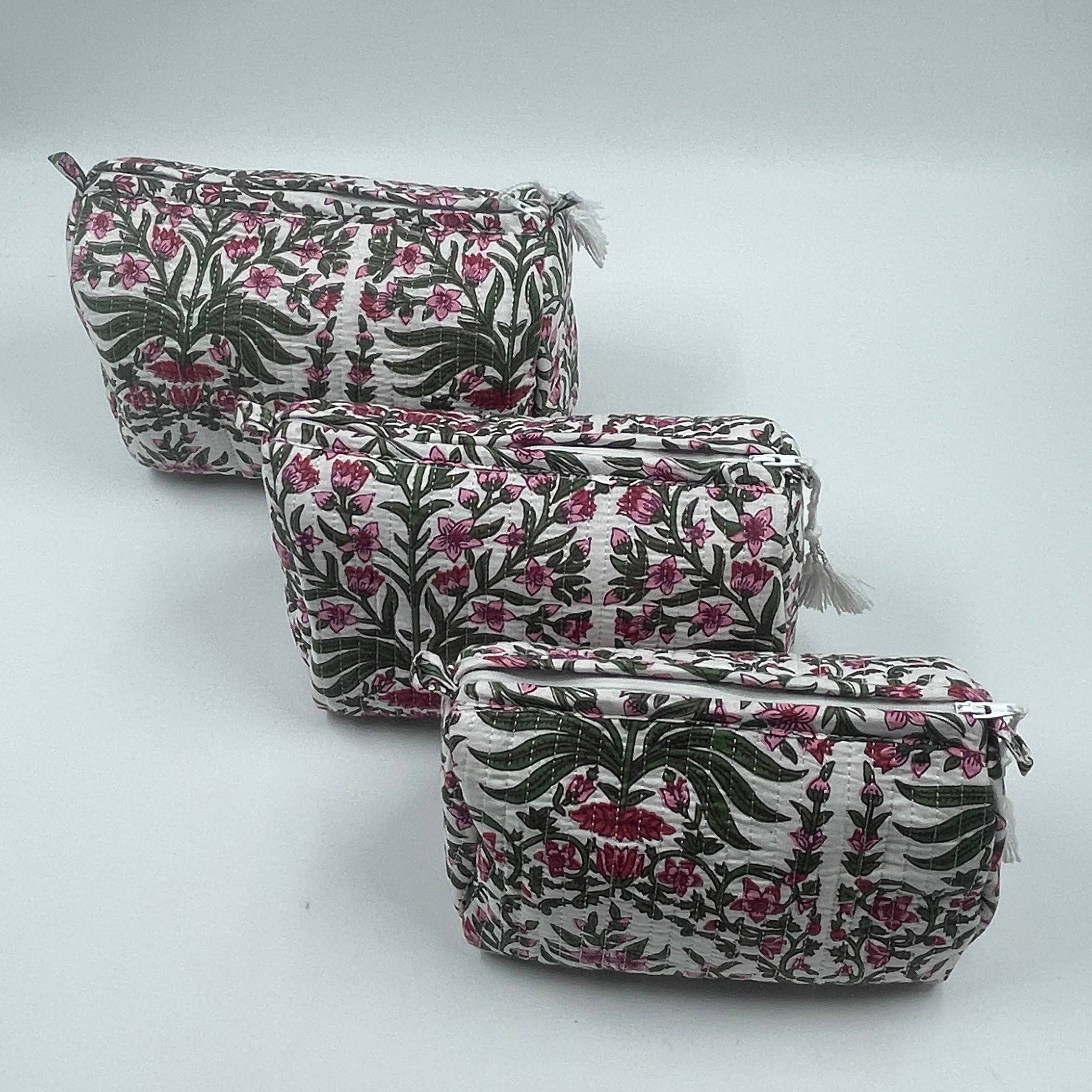 Set of Three Quilted Wash Bags with Pink and Green Floral Print