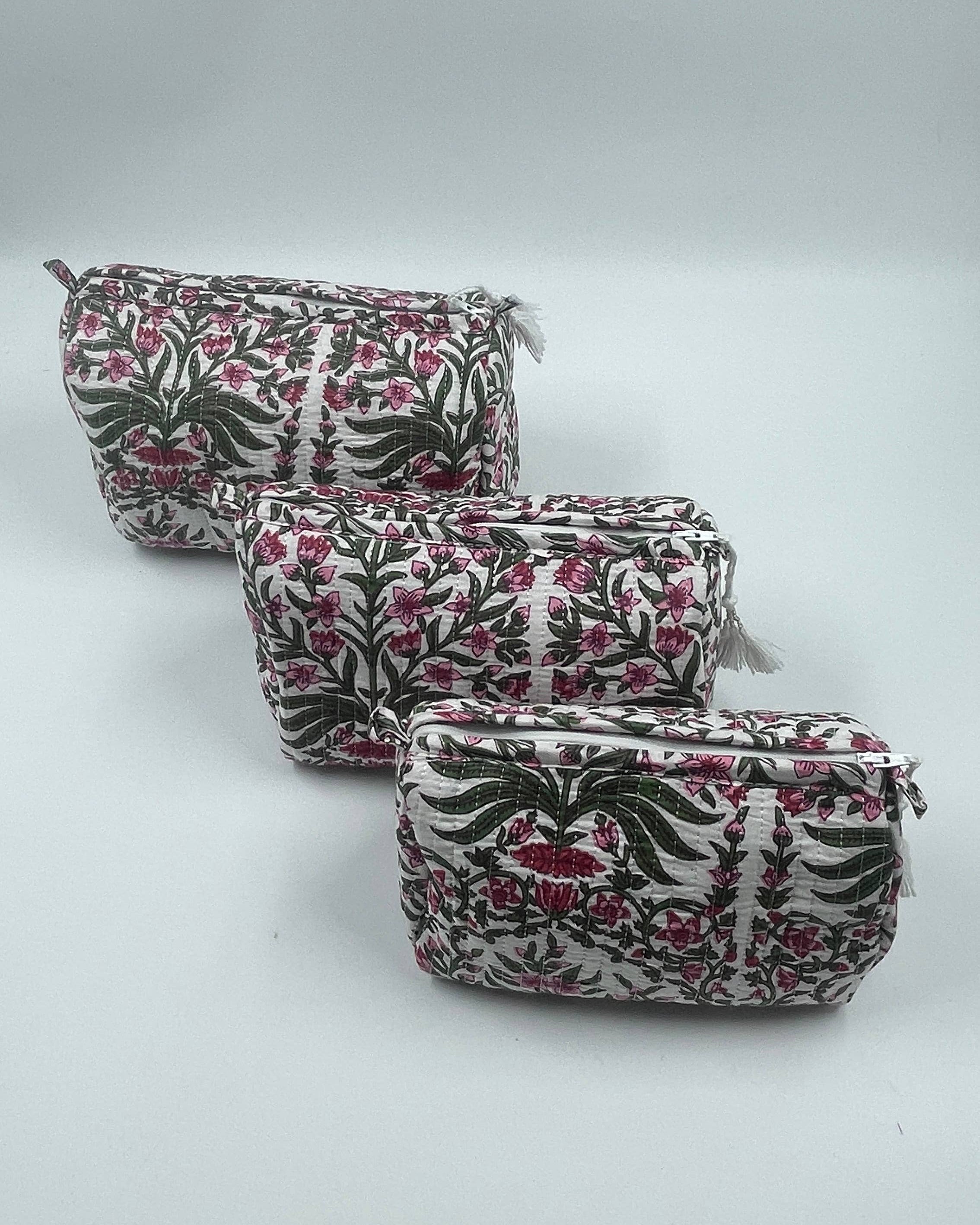 Set of Three Quilted Wash Bags with Pink and Green Floral Print