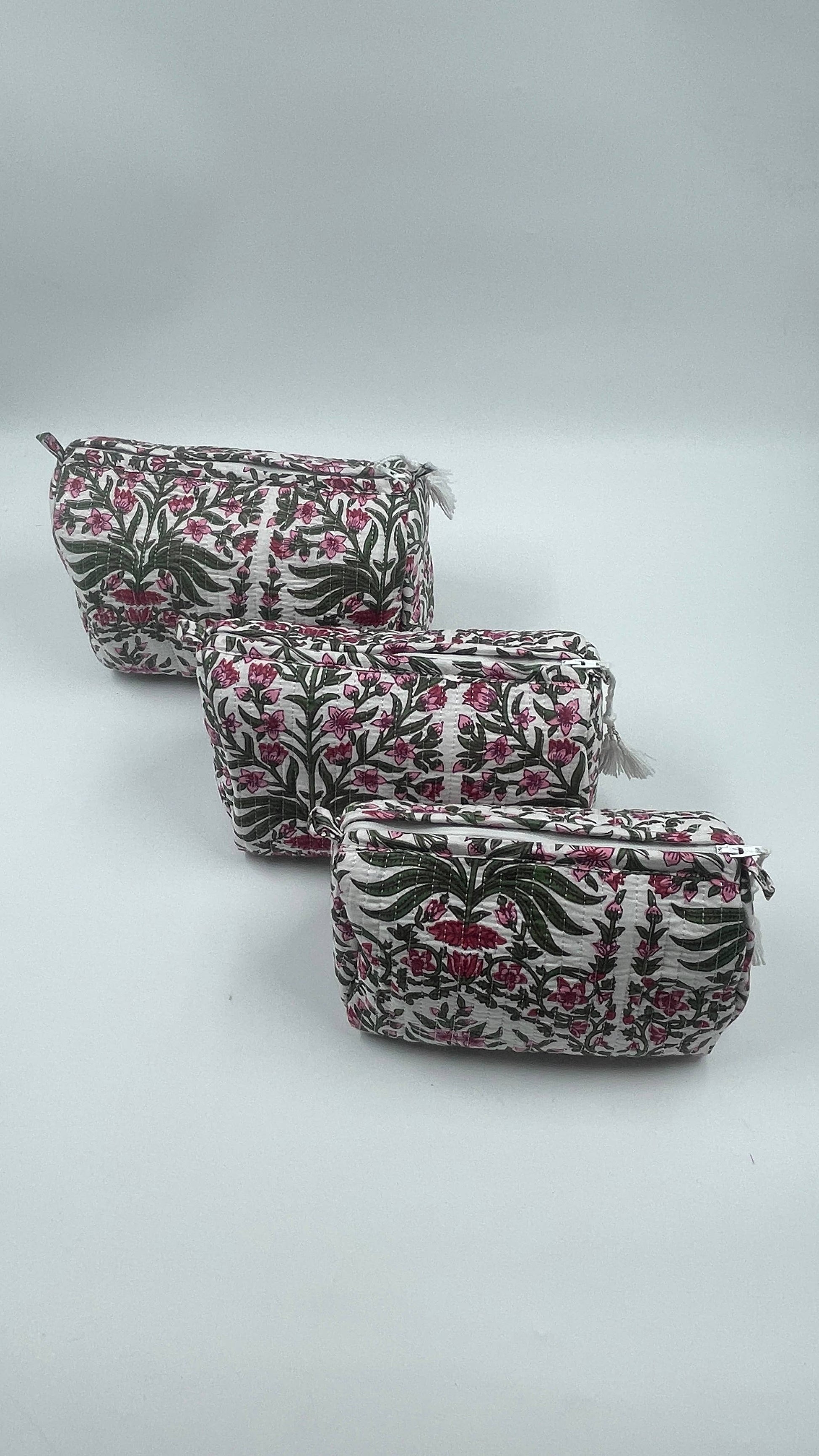Set of Three Quilted Wash Bags with Pink and Green Floral Print