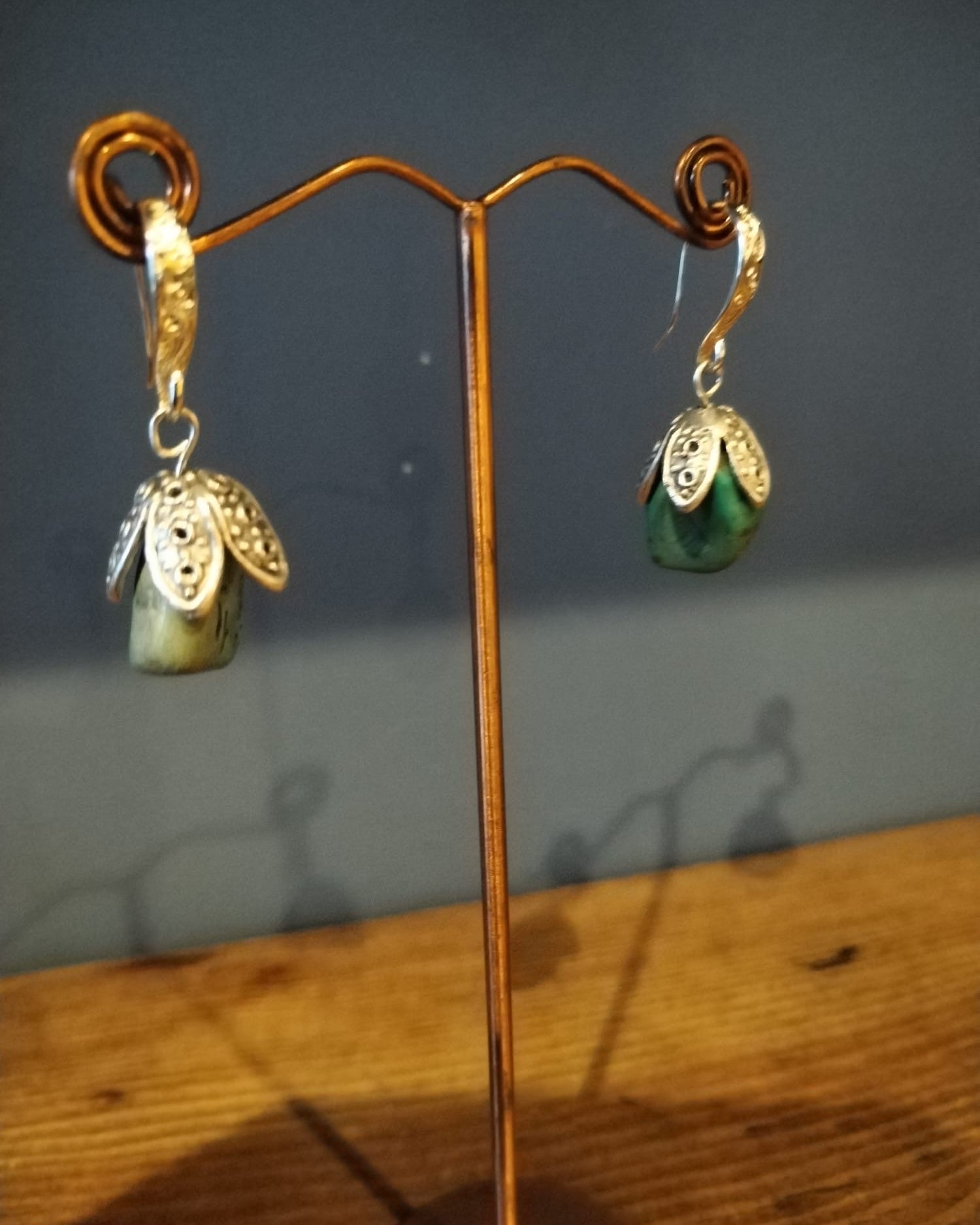 Green Moss Agate Drop Earrings With Silver Flower Bud Earrings