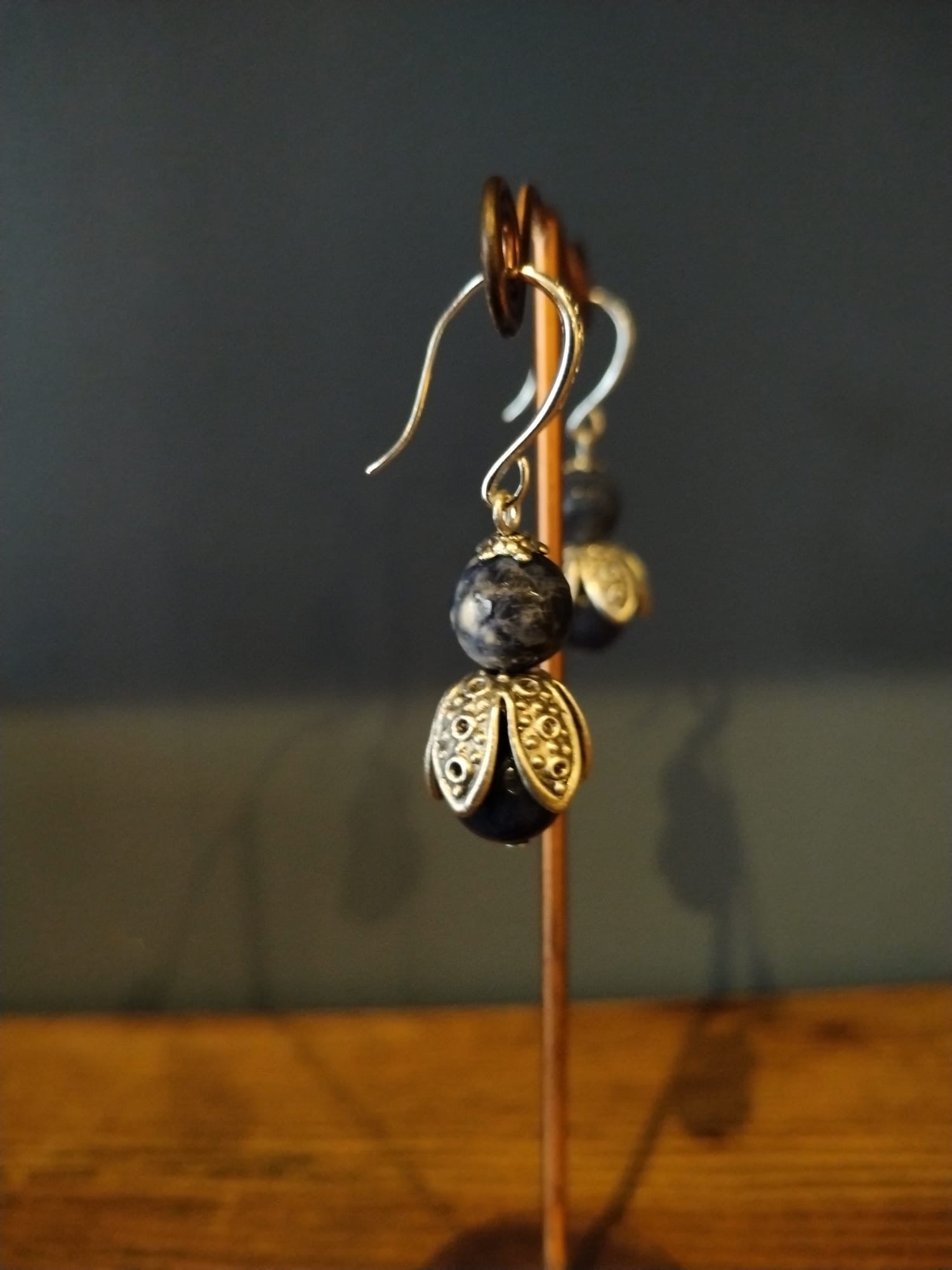 Black sodalite Drop Earrings With Silver Flower Bud Earrings