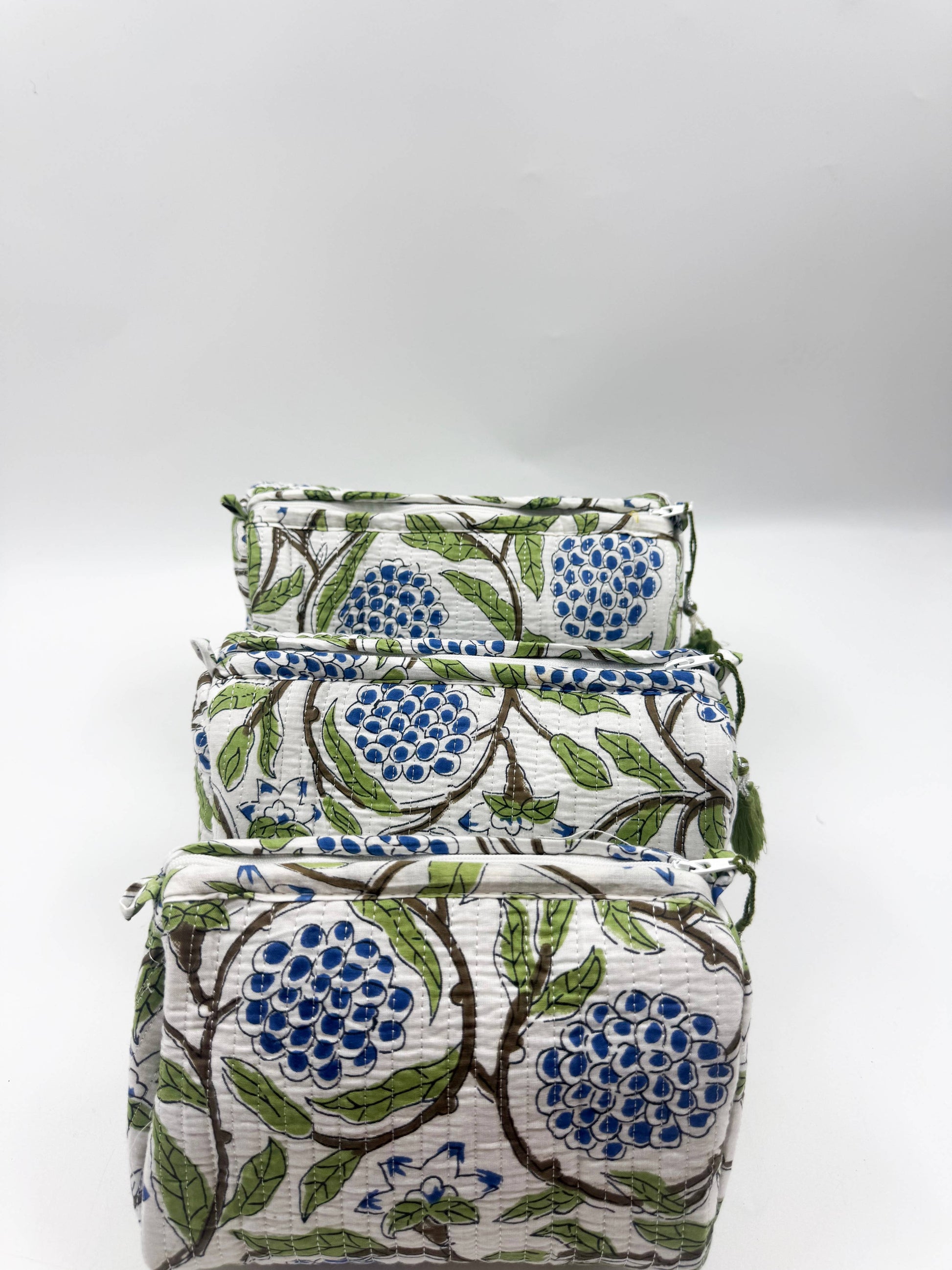 Set of Three Quilted Wash Bags with Blue Floral Vine Print