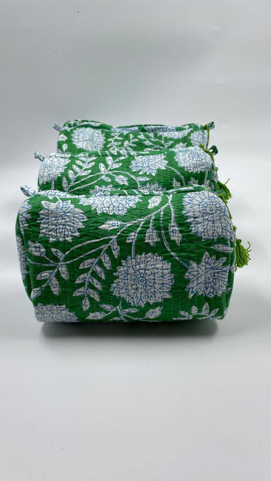 Jade Green Chrysanthemum Quilted Wash /  Makeup Bag Set (Set of 3)