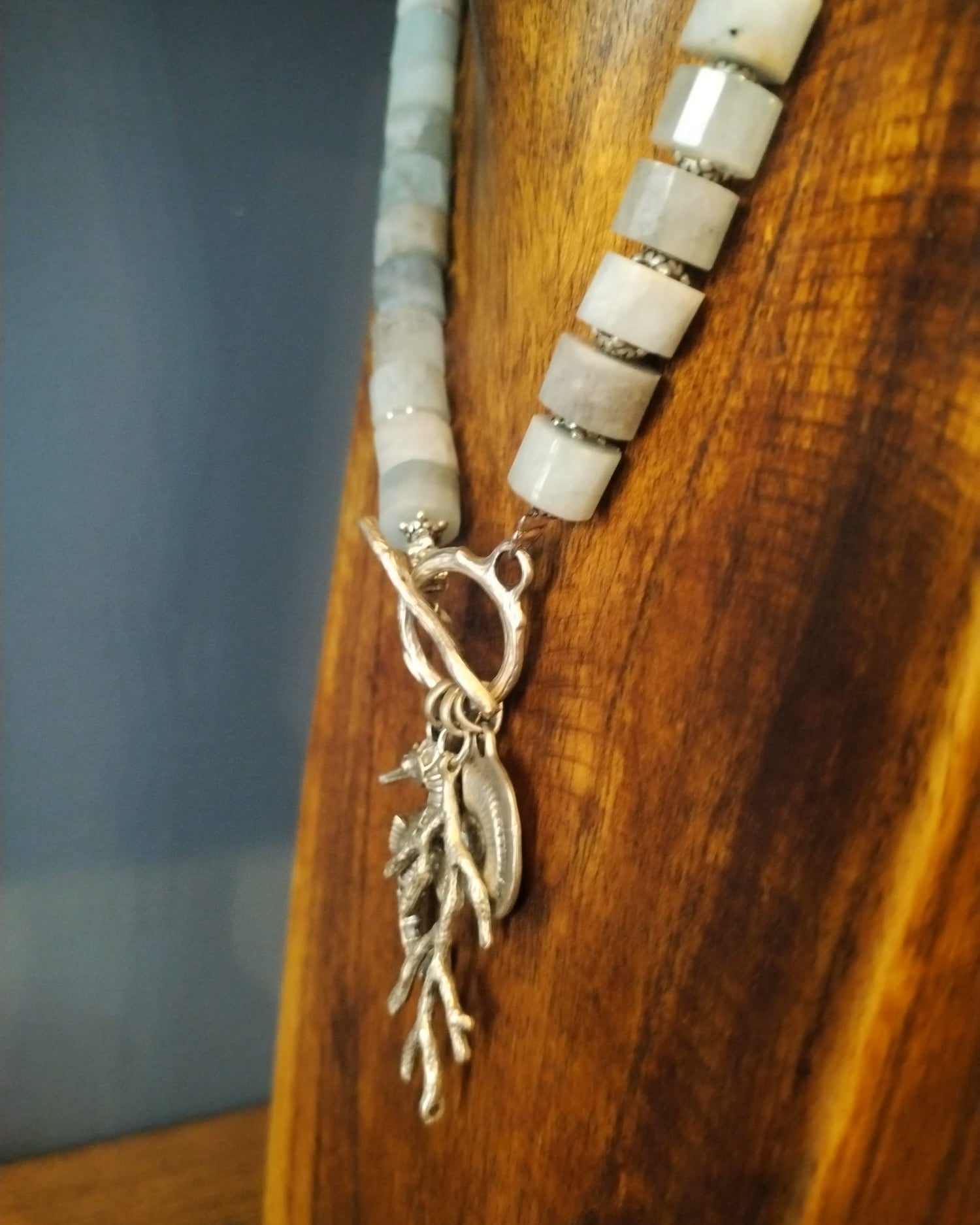Aquamarine Rondelle Bead Necklace With Silver Coral And Seahorse Charms
