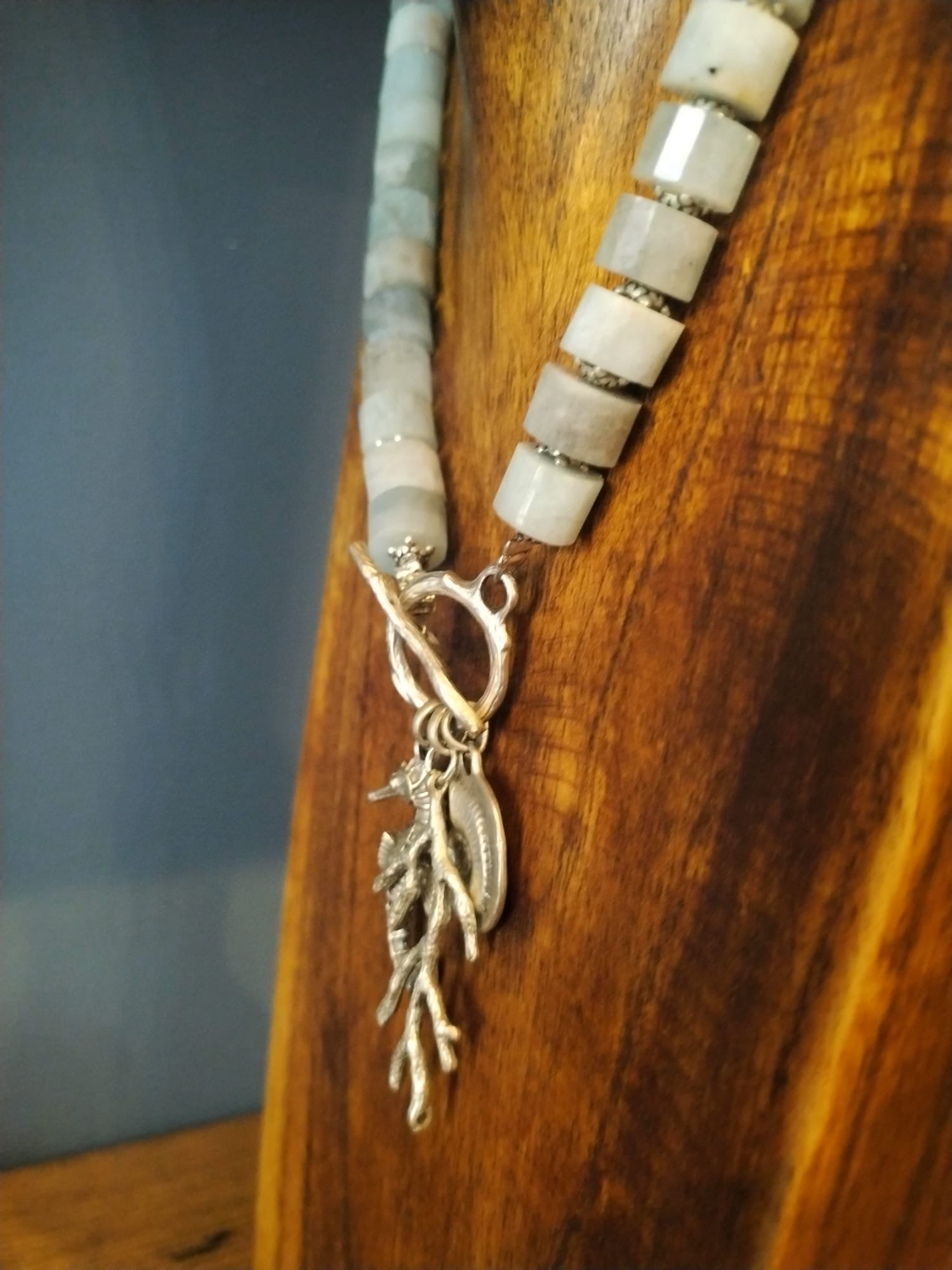 Aquamarine Rondelle Bead Necklace With Silver Coral And Seahorse Charms