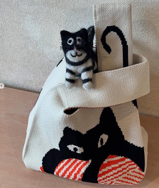 Cat Knitted Tote Bag with Red Yarn Ball