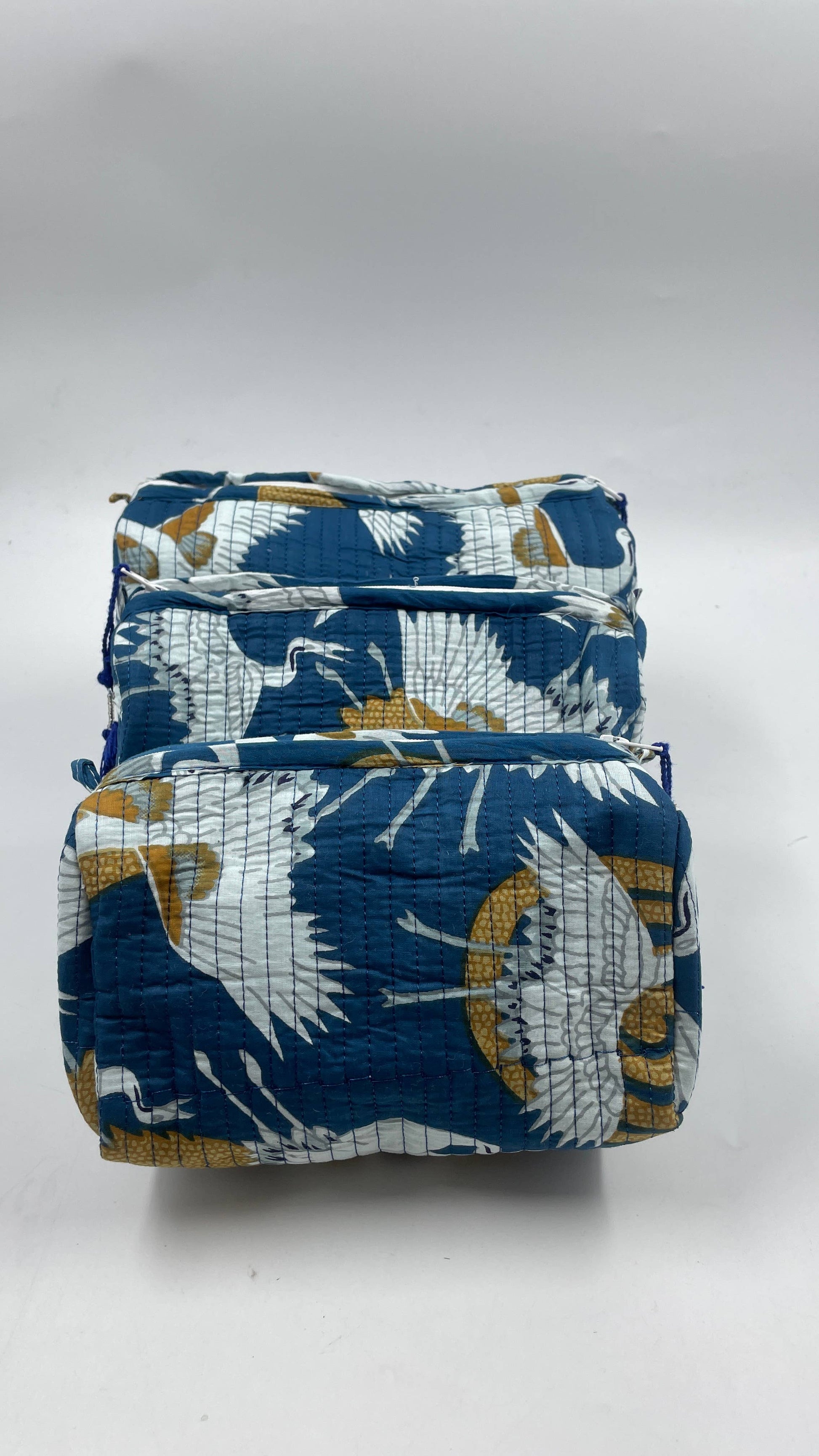 White Crane set of 3 cotton quilted wash bags