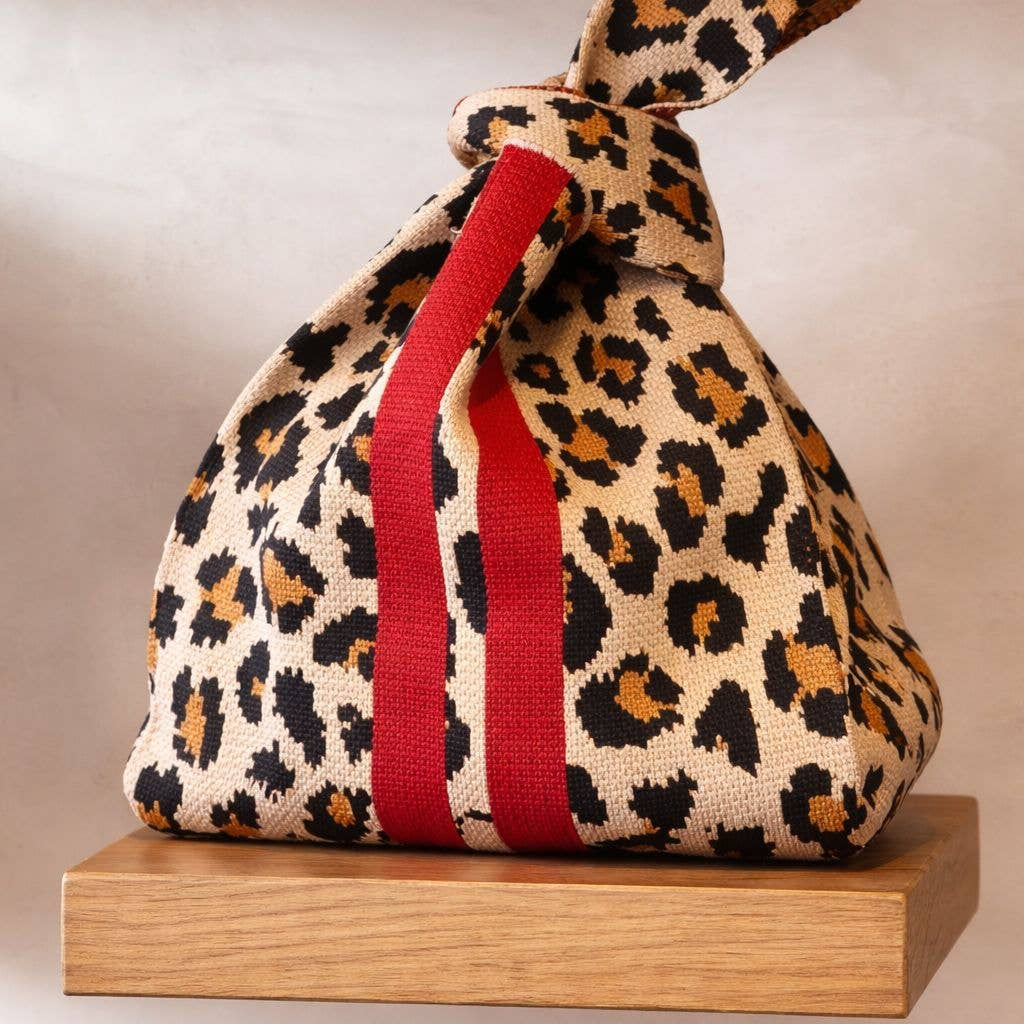 Leopard Print Knitted Knot Bag with Red Stripe Medium by Tokii