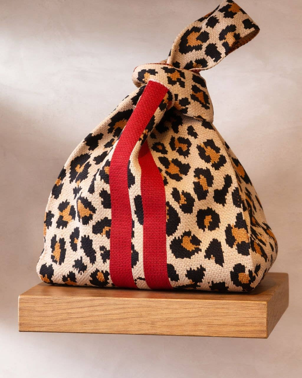Leopard Print Knitted Knot Bag with Red Stripe Medium by Tokii