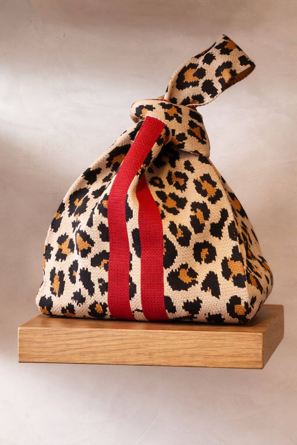 Leopard Print Knitted Knot Bag with Red Stripe Medium by Tokii