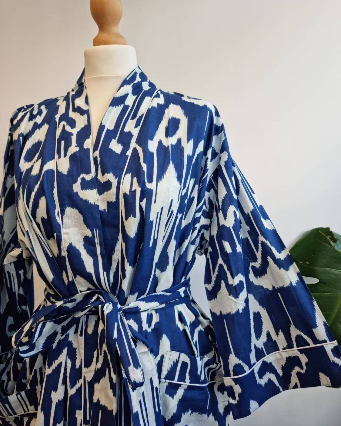 Blue & White Ikat-Print Cotton Robe