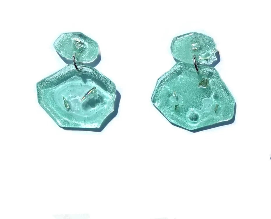 Aqua Pebble Statement Earrings – Upcycled CD Sea Glass