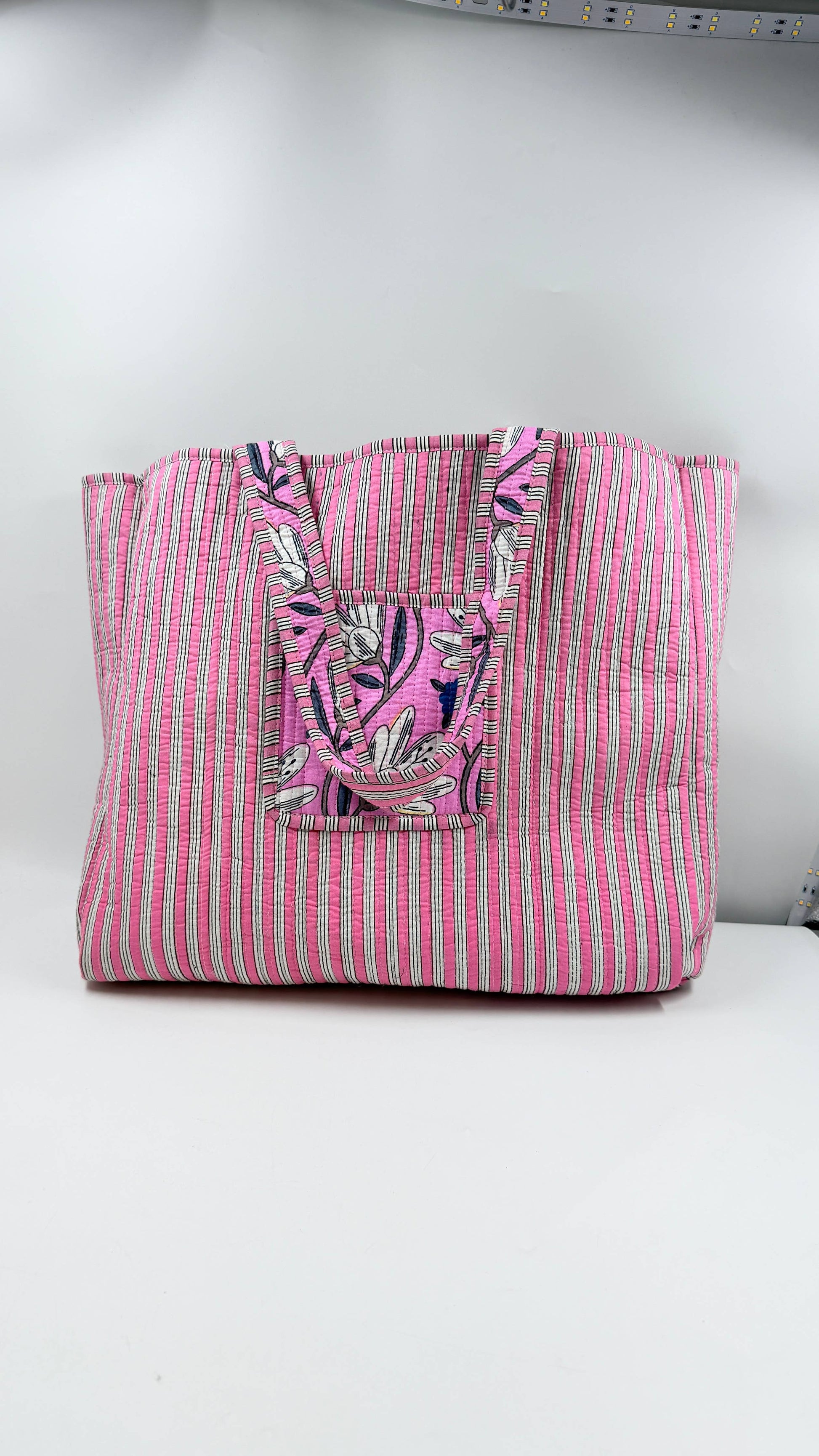 Pink Floral Cotton Quilted Tote Bag Block Printed