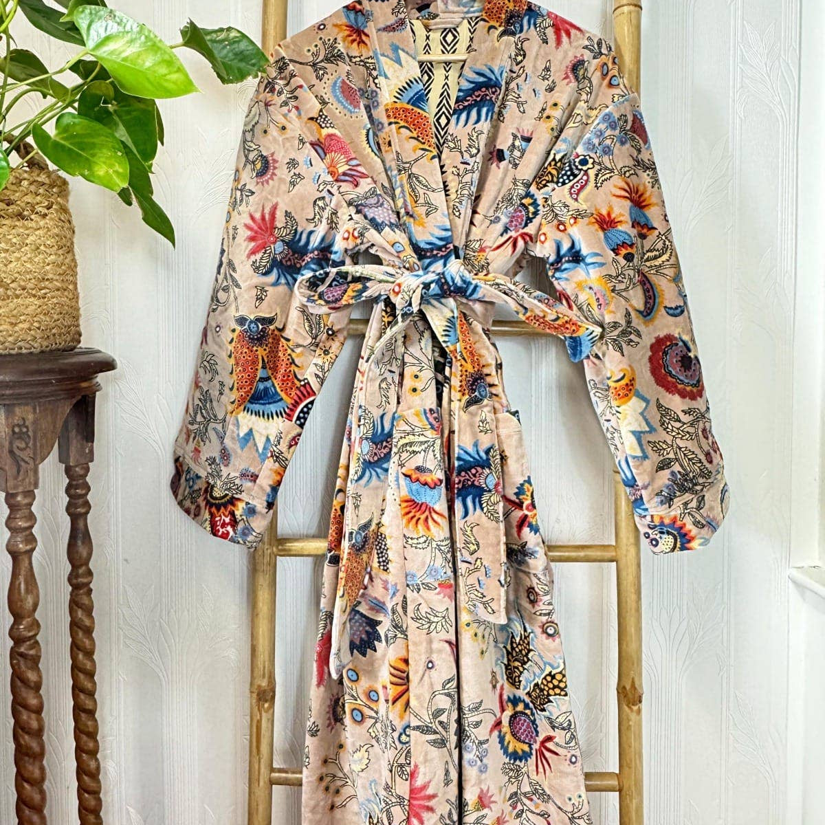 Cream Luxurious Printed Velvet Robe, fully lined