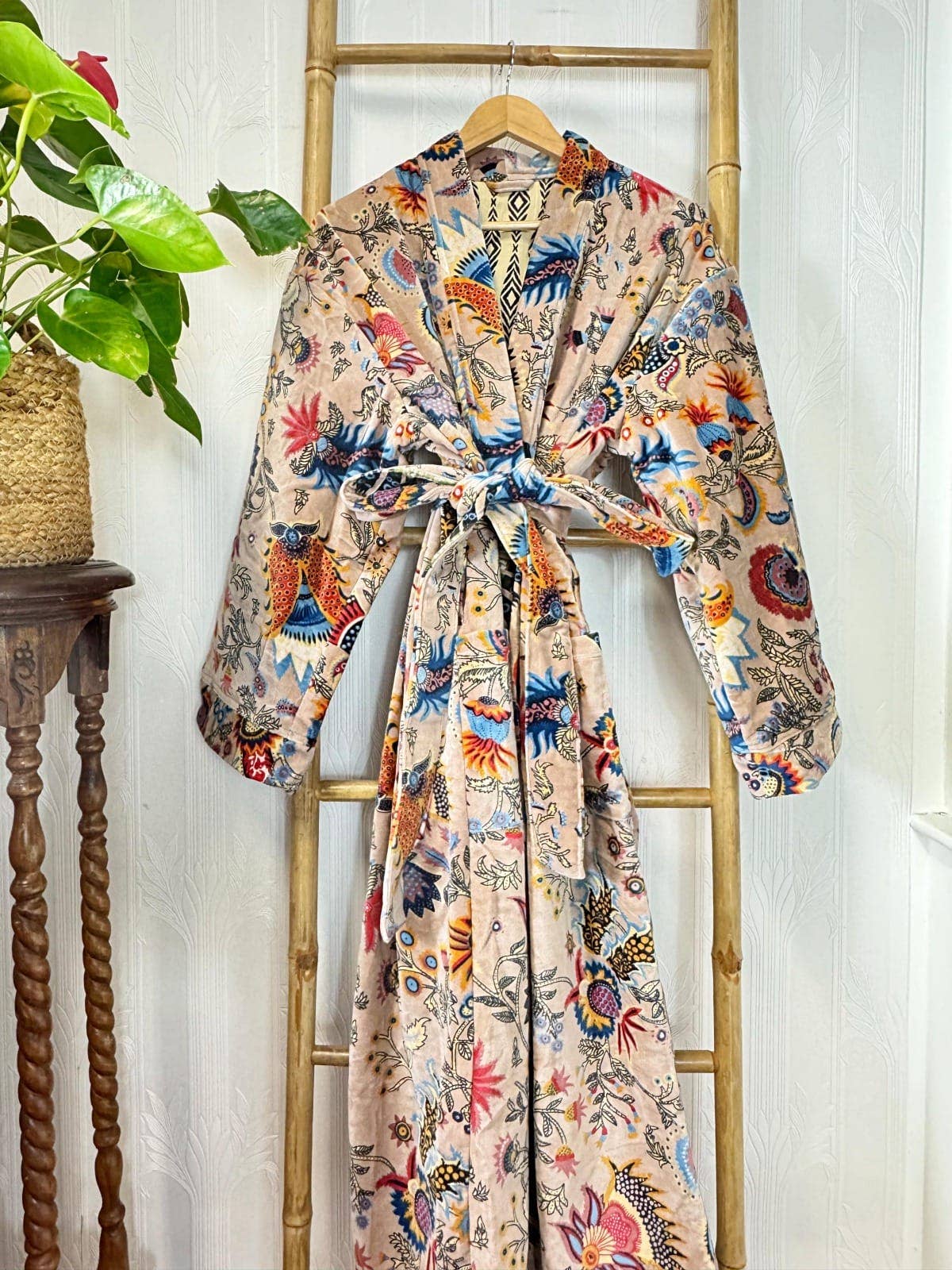 Cream Luxurious Printed Velvet Robe, fully lined