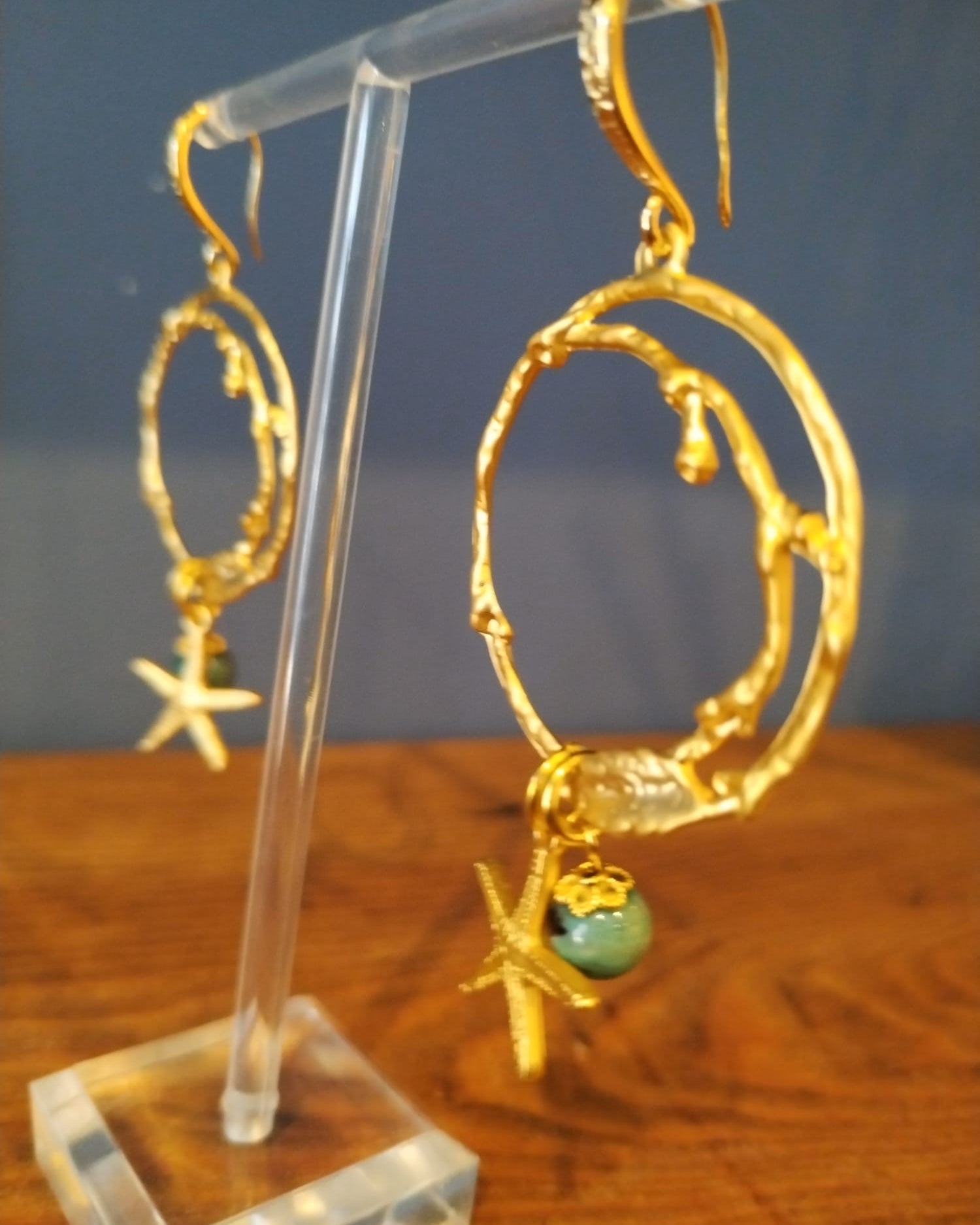 Signature Irregular Gold Hoops – With Africa Opal Beads