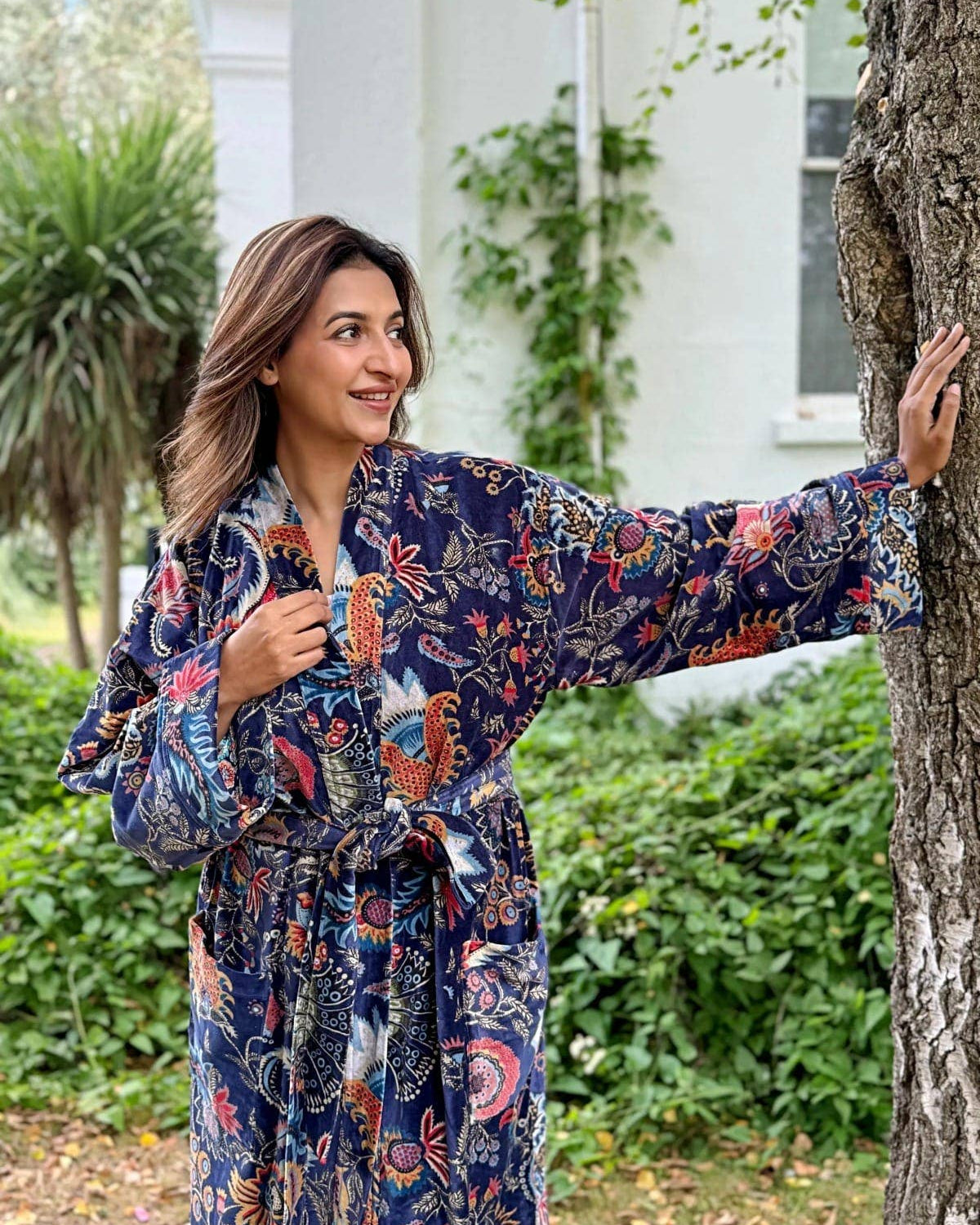 Deep Blue Luxurious Printed Velvet Robe, fully lined