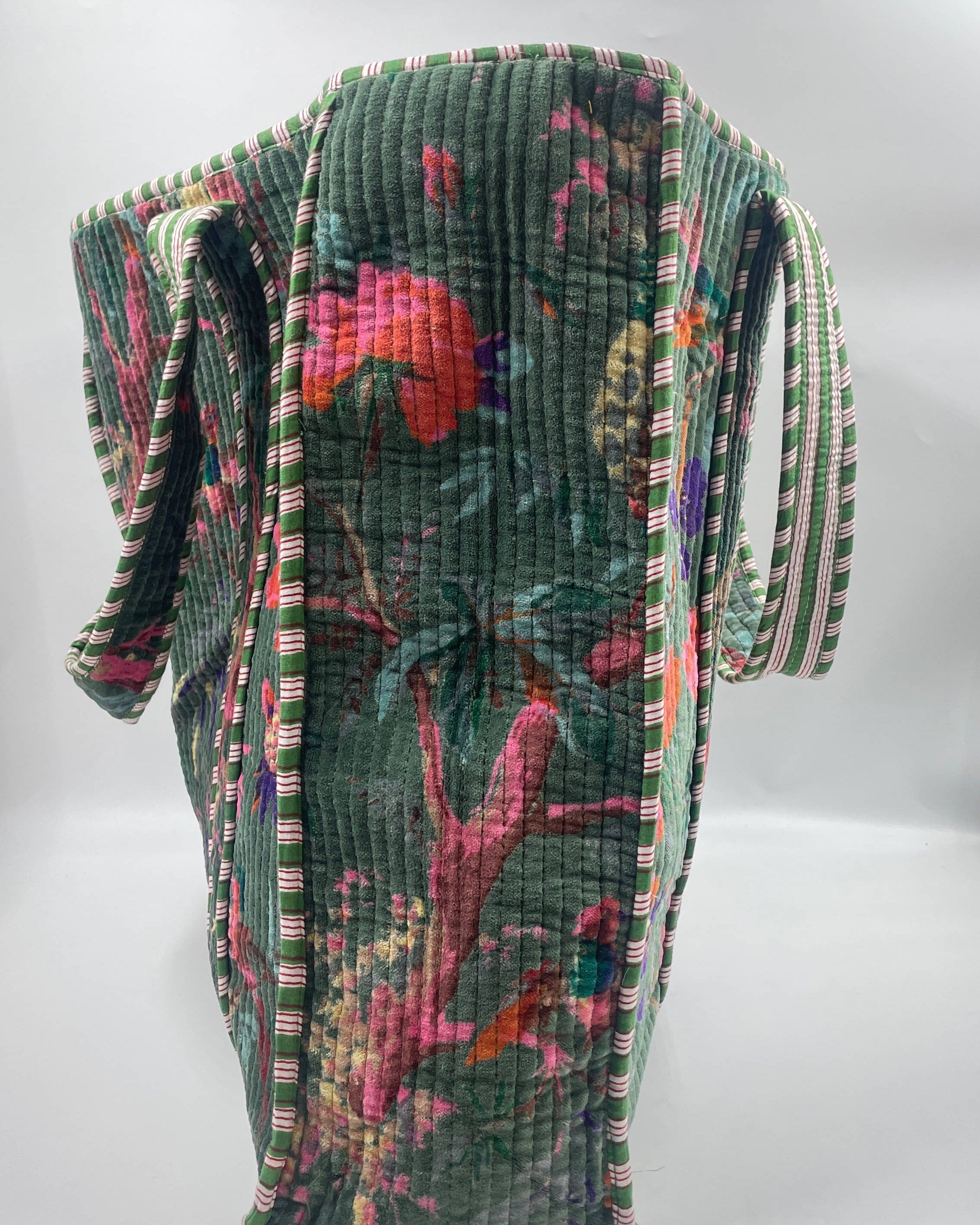 Green Velvet Quilted Tote Bag – Handcrafted Velvet Tote from Jaipur