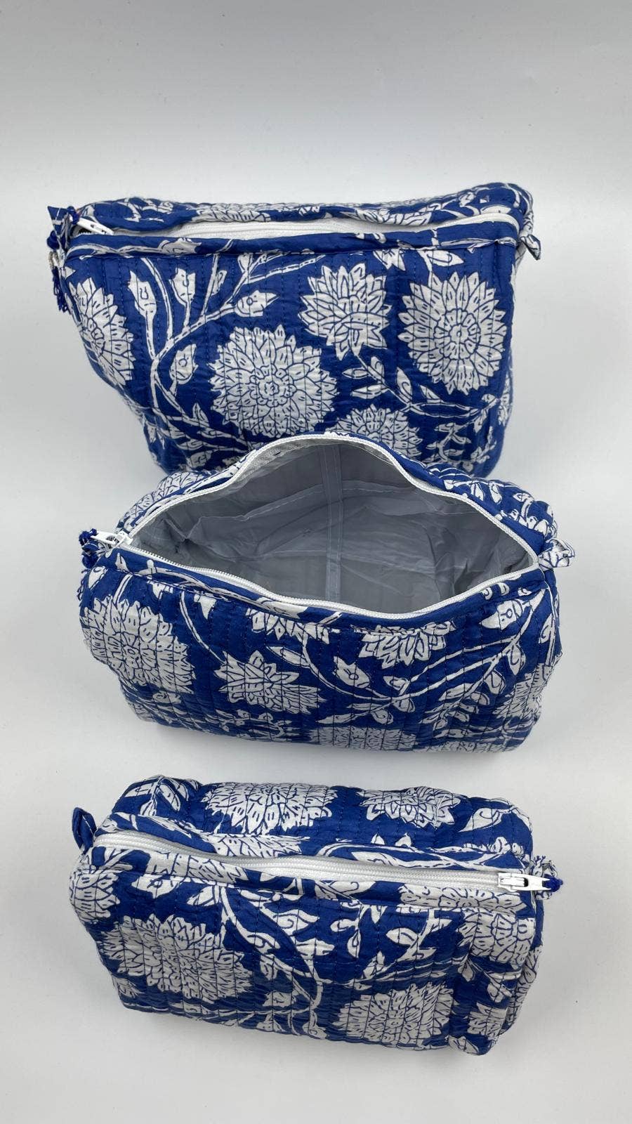 Blue Chrysanthemum Quilted Makeup / Wash Bag Set (Set of 3)