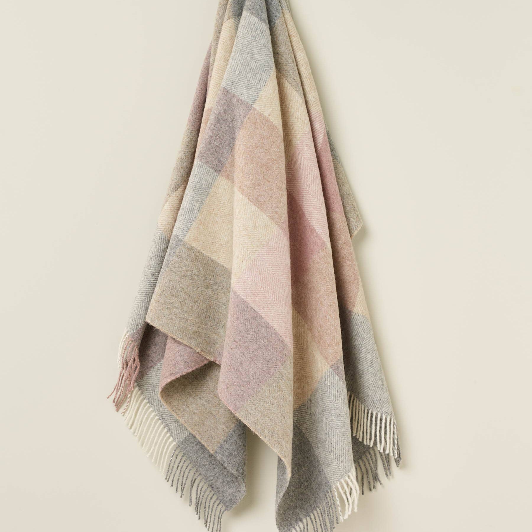 British Wool Block Check Throw: Silver/Pink