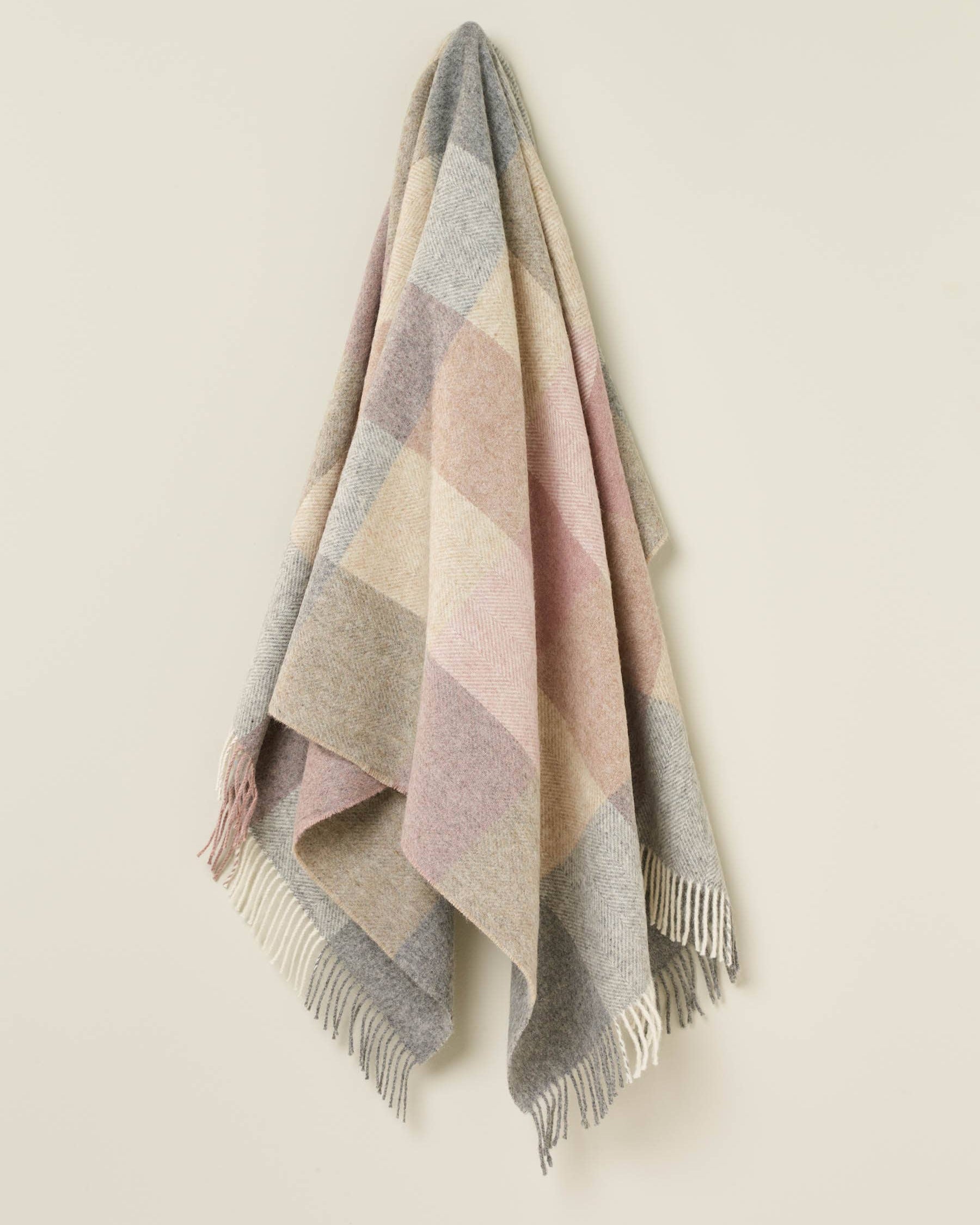 British Wool Block Check Throw: Silver/Pink