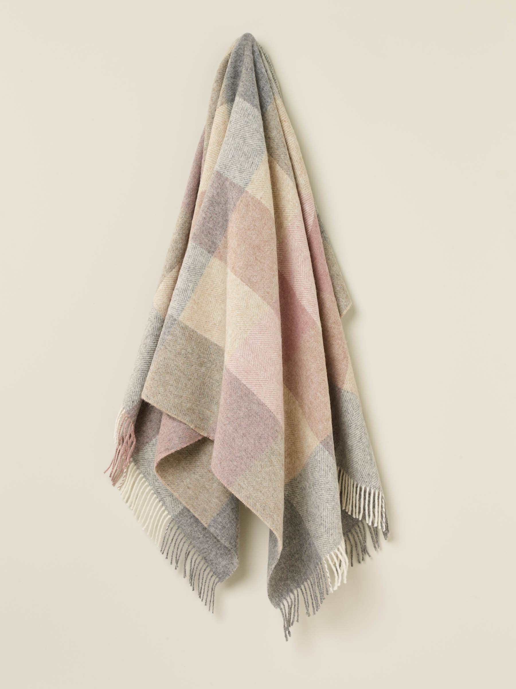 British Wool Block Check Throw: Silver/Pink