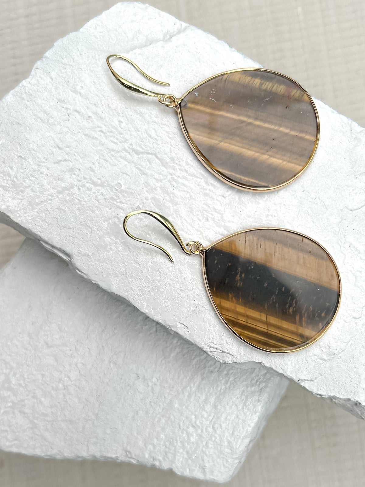Tiger’s Eye Teardrop Gold-Plated Earrings