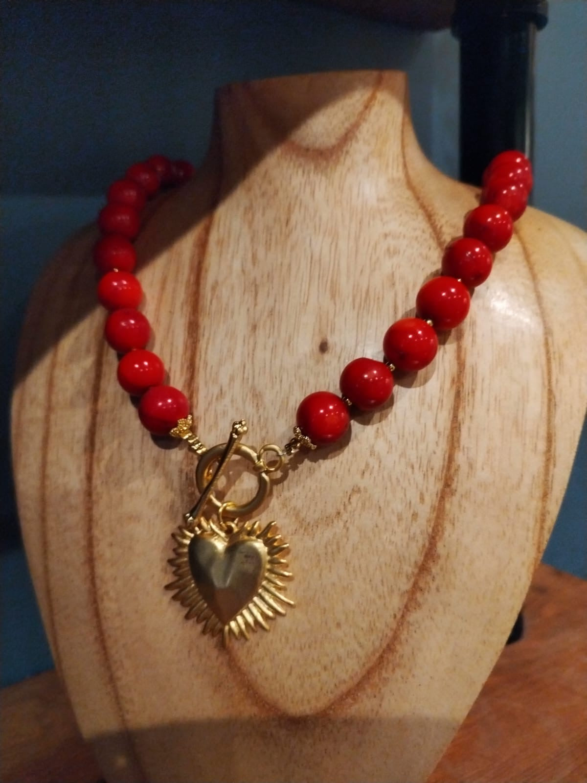 Large Bamboo Coral Beads - Gold Heart Charm