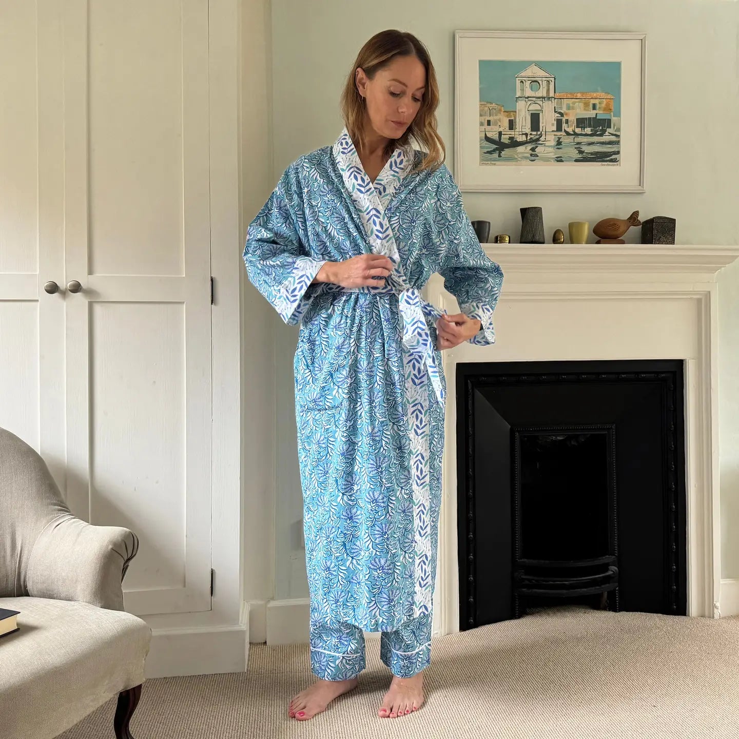 Turquoise Blue Jaipur Womens Cotton Kimono Robe One Size