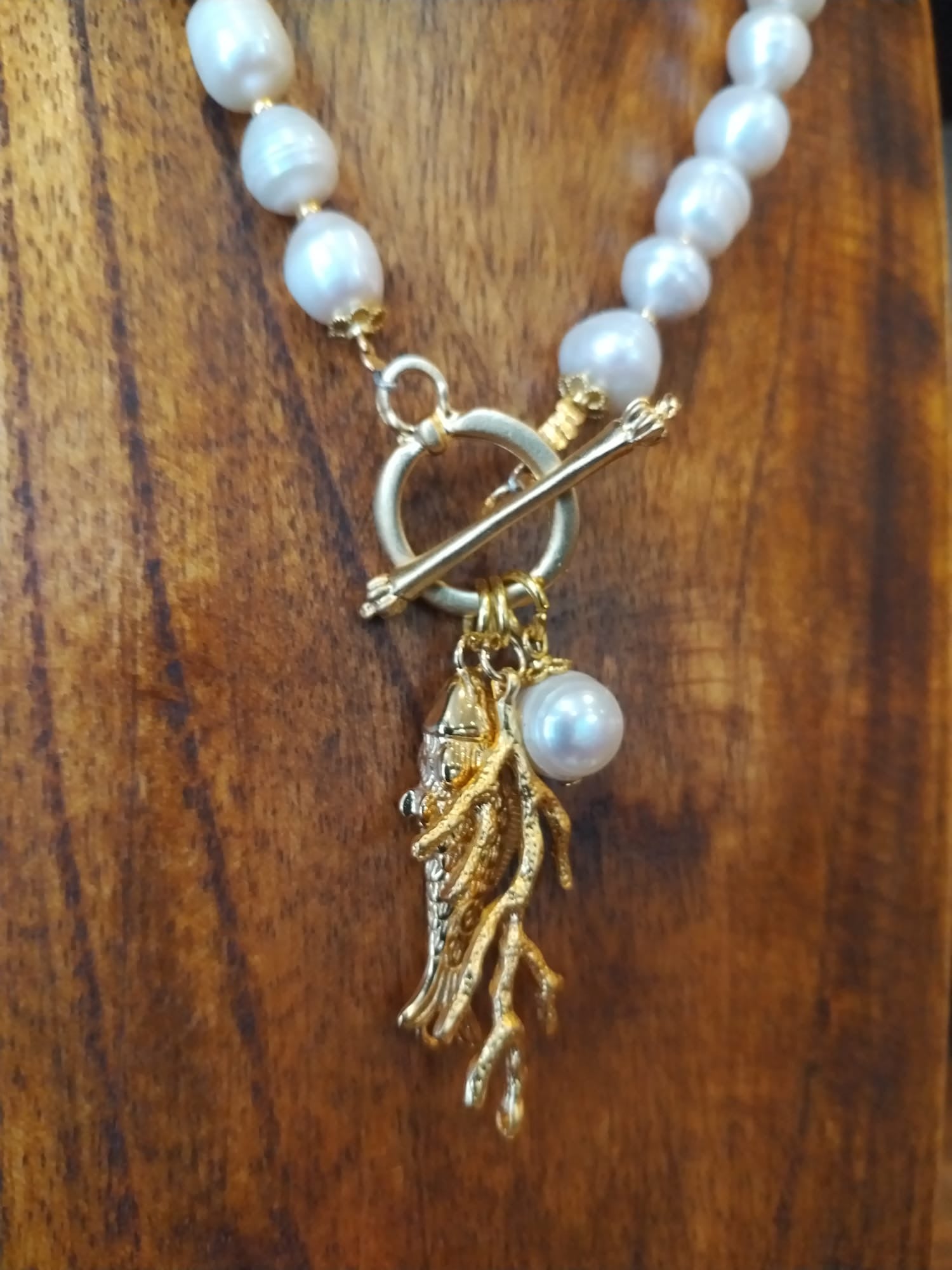 Freshwater Pearl Necklace with Gold Coral and Fish Charm 42cm