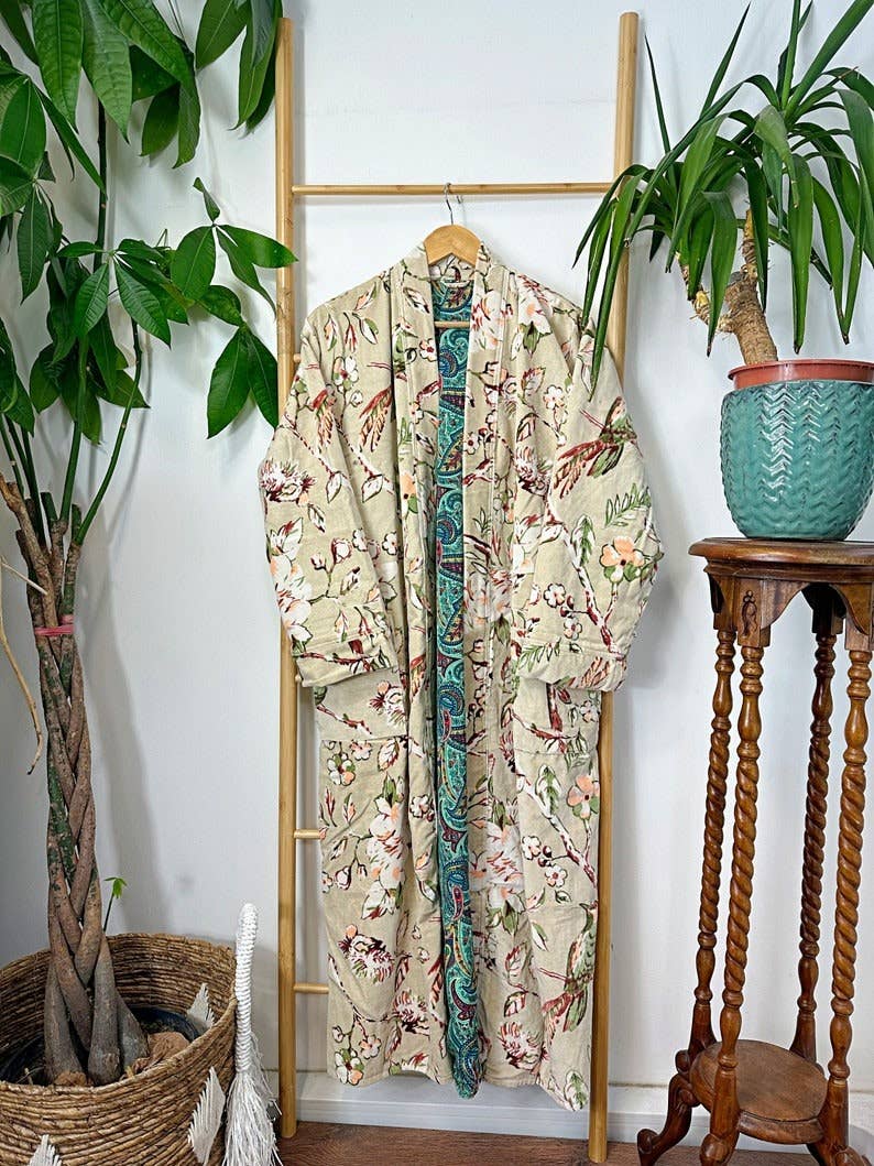 Luxury Velvet  Robe - Elegant Powder Beige Rust Olive