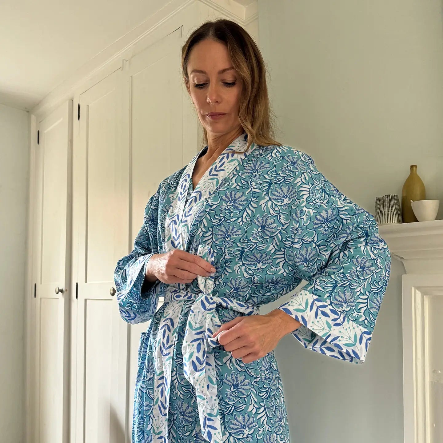 Turquoise Blue Jaipur Womens Cotton Kimono Robe One Size