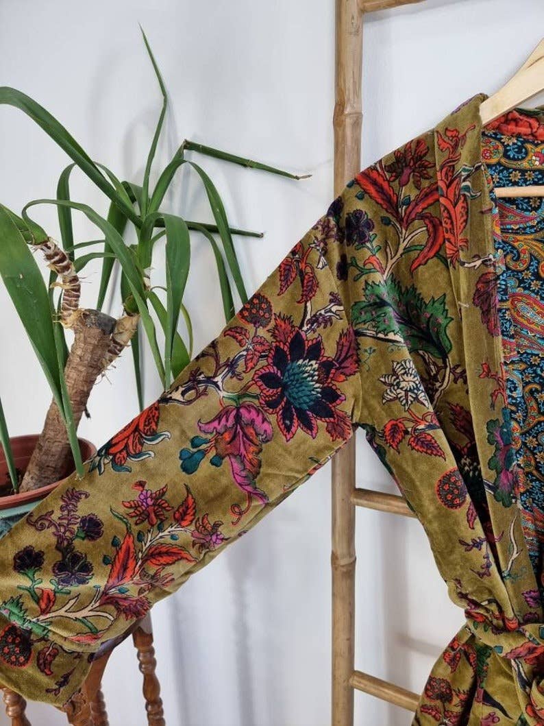 Luxury Velvet Robe Unisex - Olive green floral