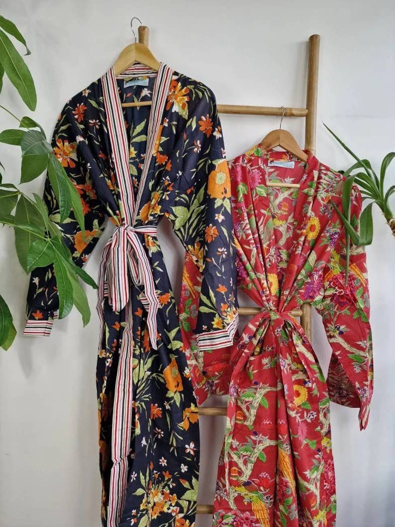 Plus Size Cotton Kimono Robe Black Orange Gardenia Bloom UK 18 24