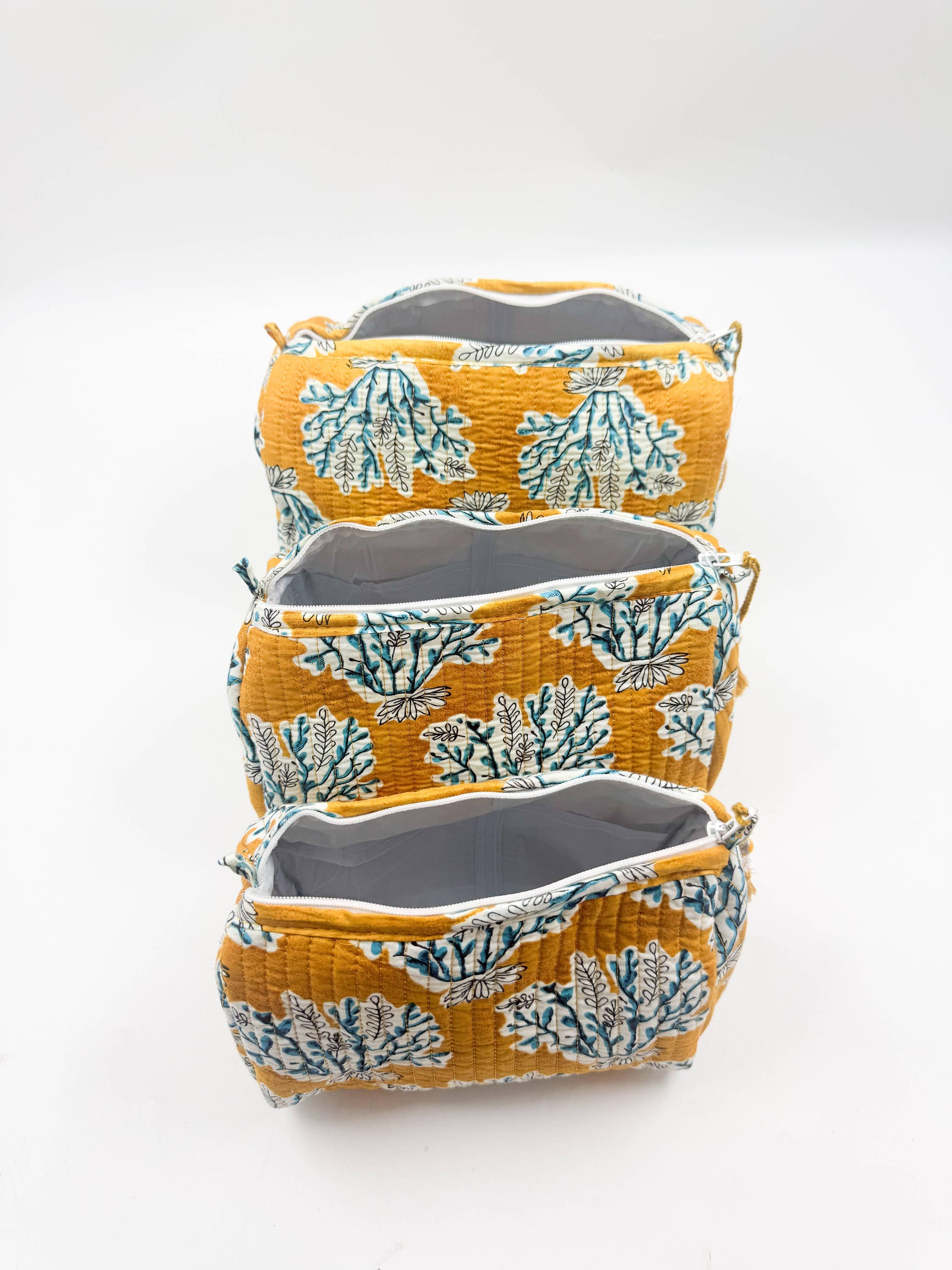 Set of Three Quilted Wash Bags in  Golden Yellow With Blue Floral Print