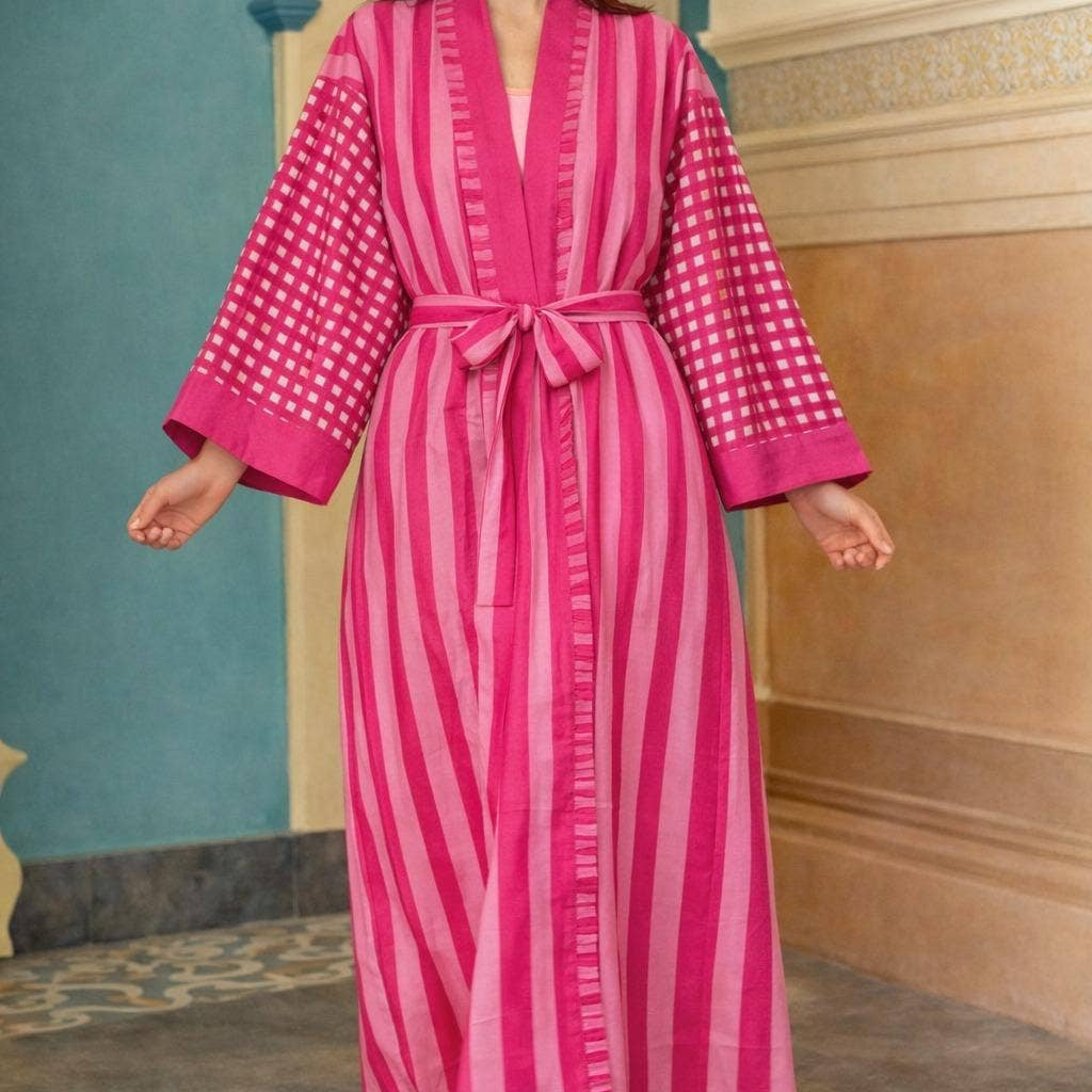 Deep Pink Cotton Block Print Kimono Robe