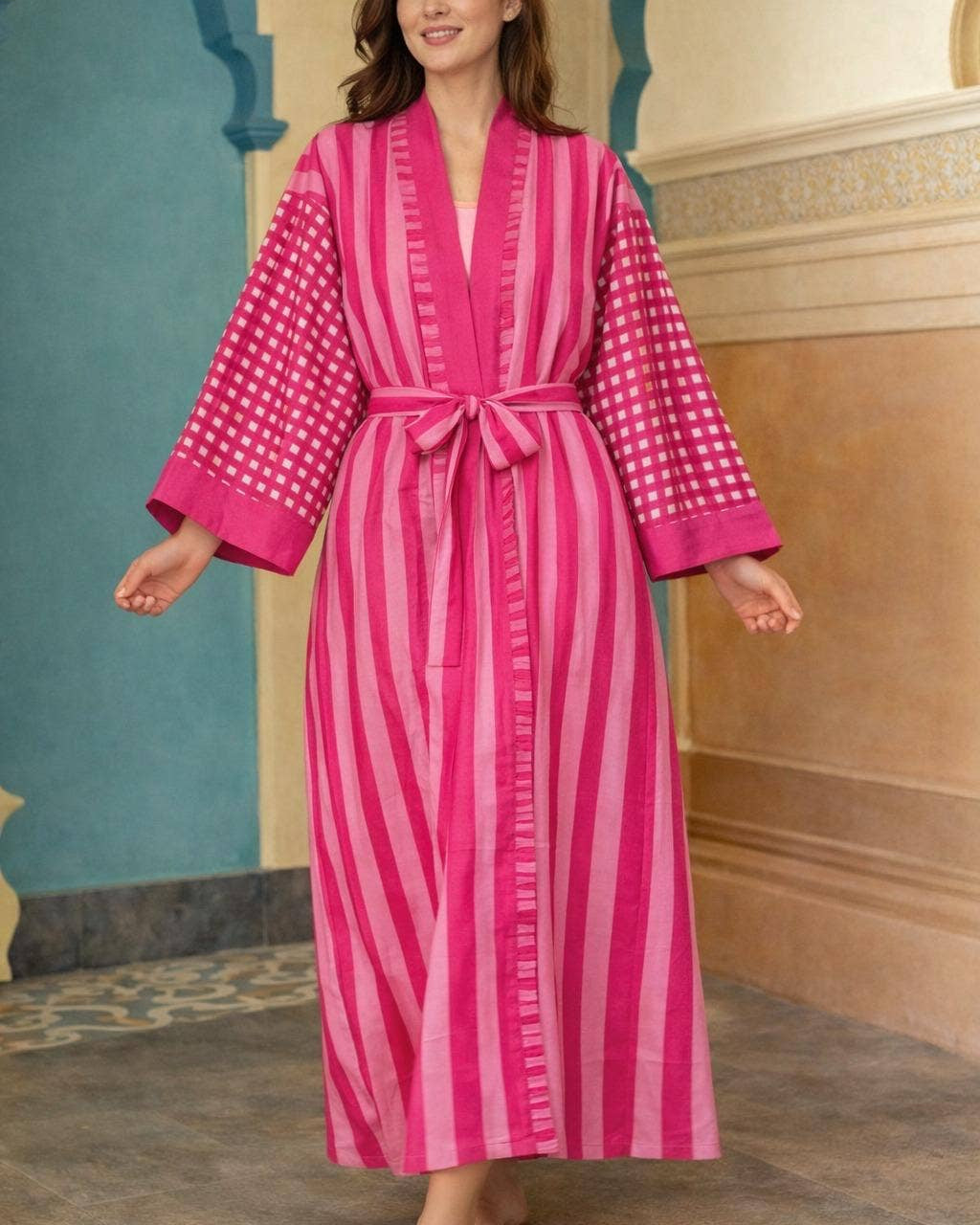 Deep Pink Cotton Block Print Kimono Robe