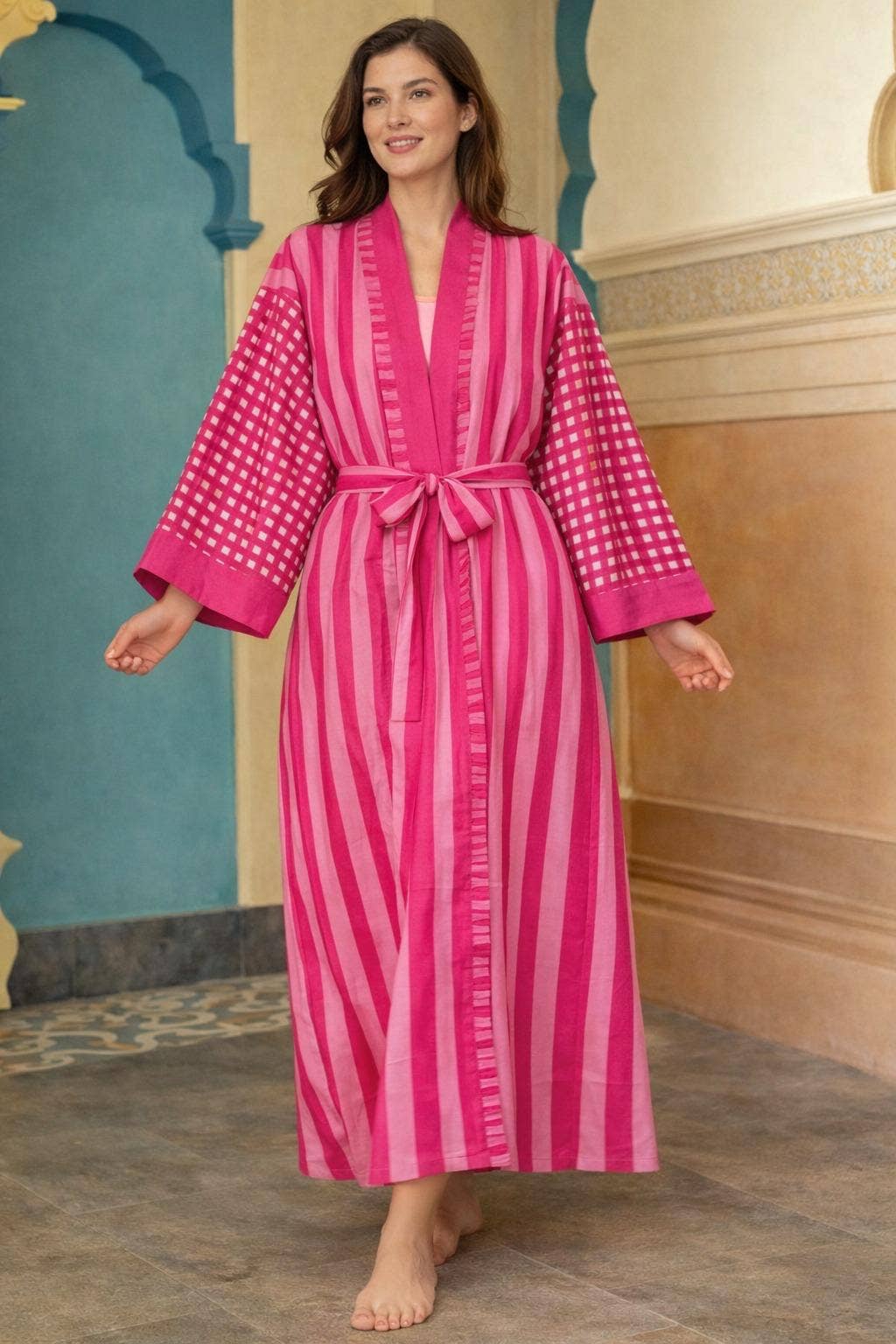 Deep Pink Cotton Block Print Kimono Robe