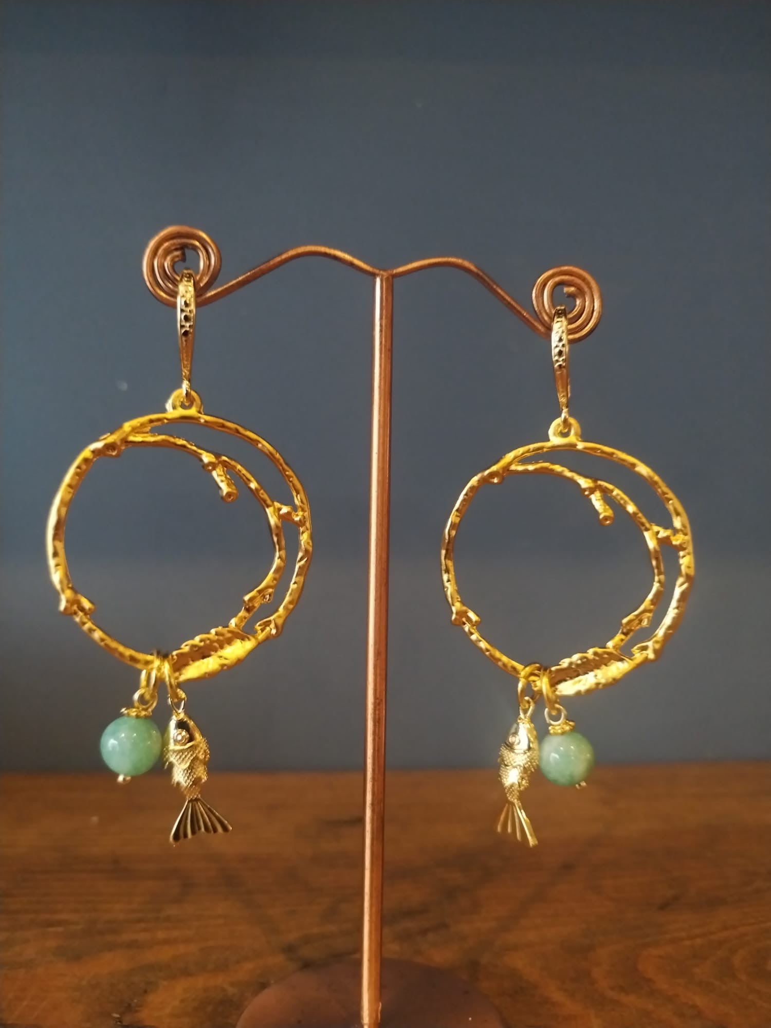 Signature Irregular Gold Hoops – With Africa Opal Beads