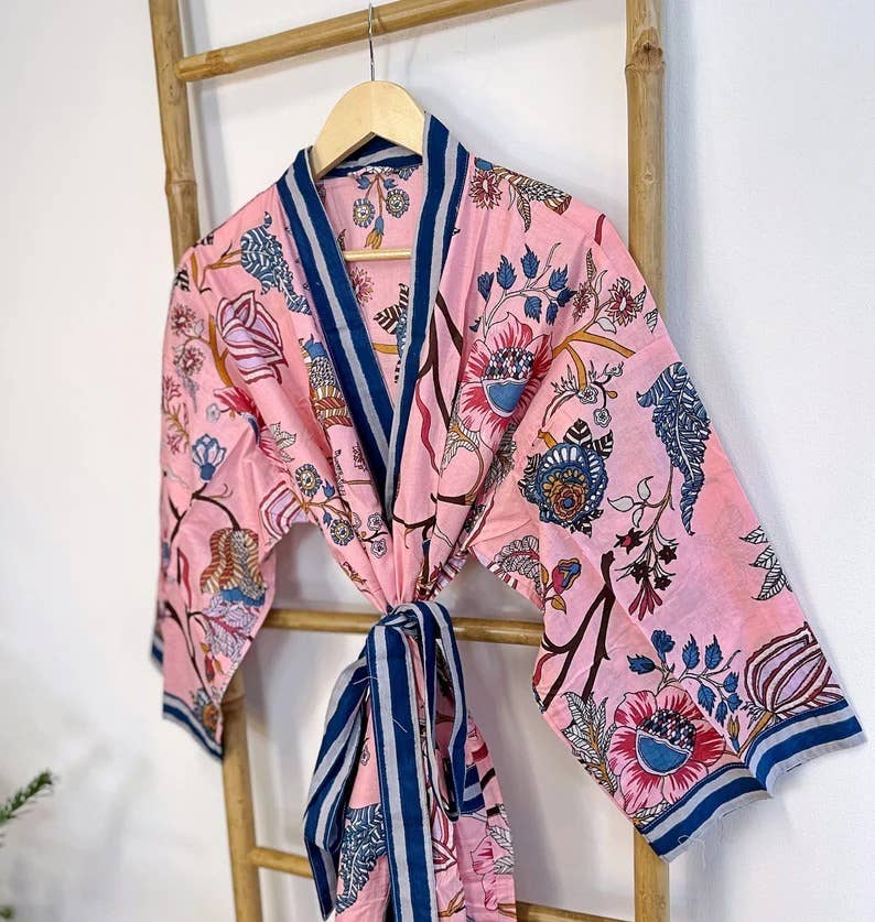 Cotton Kimono Robe Pink &  Blue Paradise Stripe UK 10 18