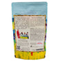 Back of a colorful packaging for dark chocolate buttons with text and images on a white background