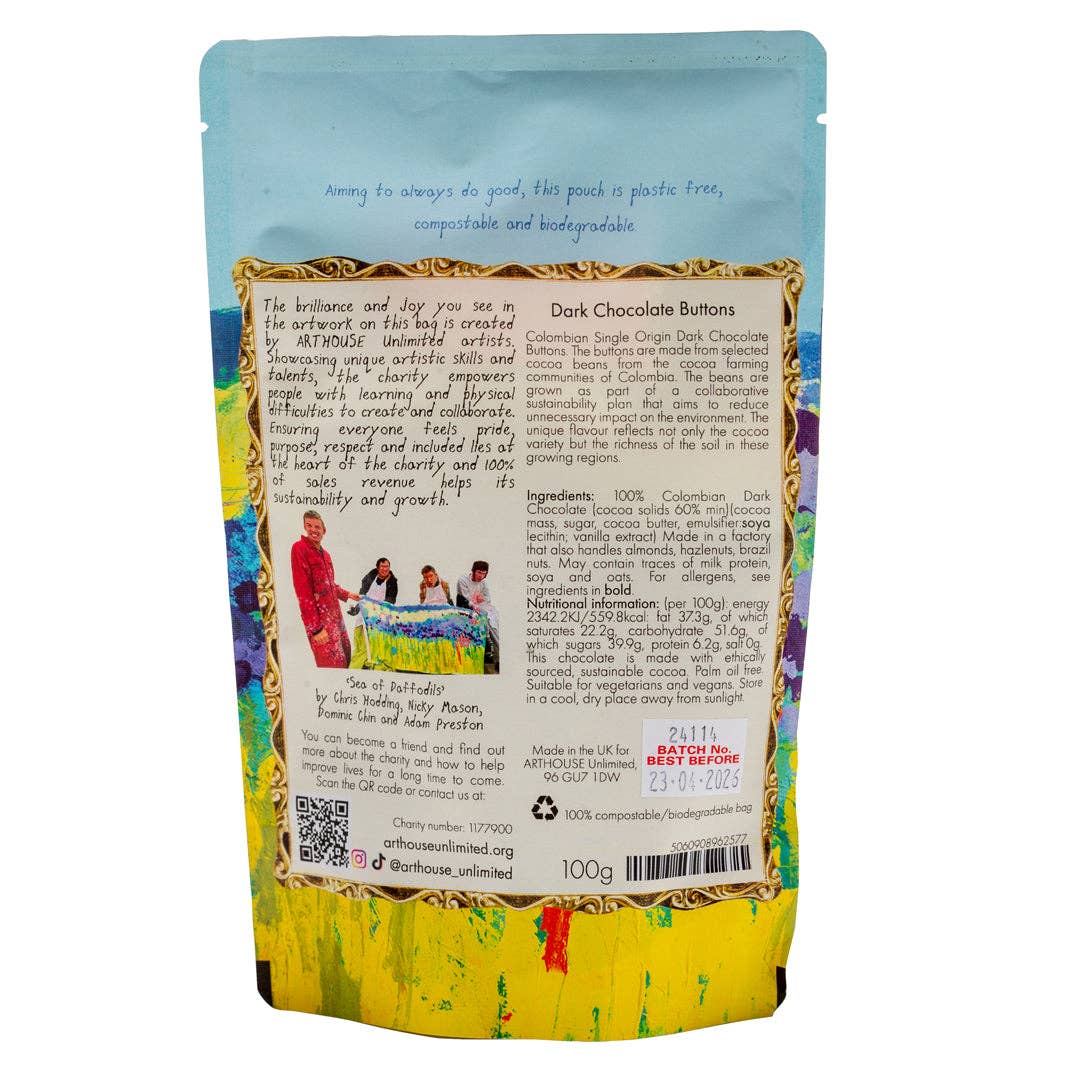 Back of a colorful packaging for dark chocolate buttons with text and images on a white background