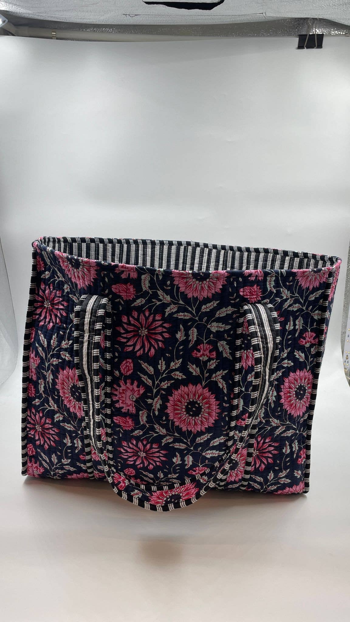 Black Tote with Pink and White Floral Design