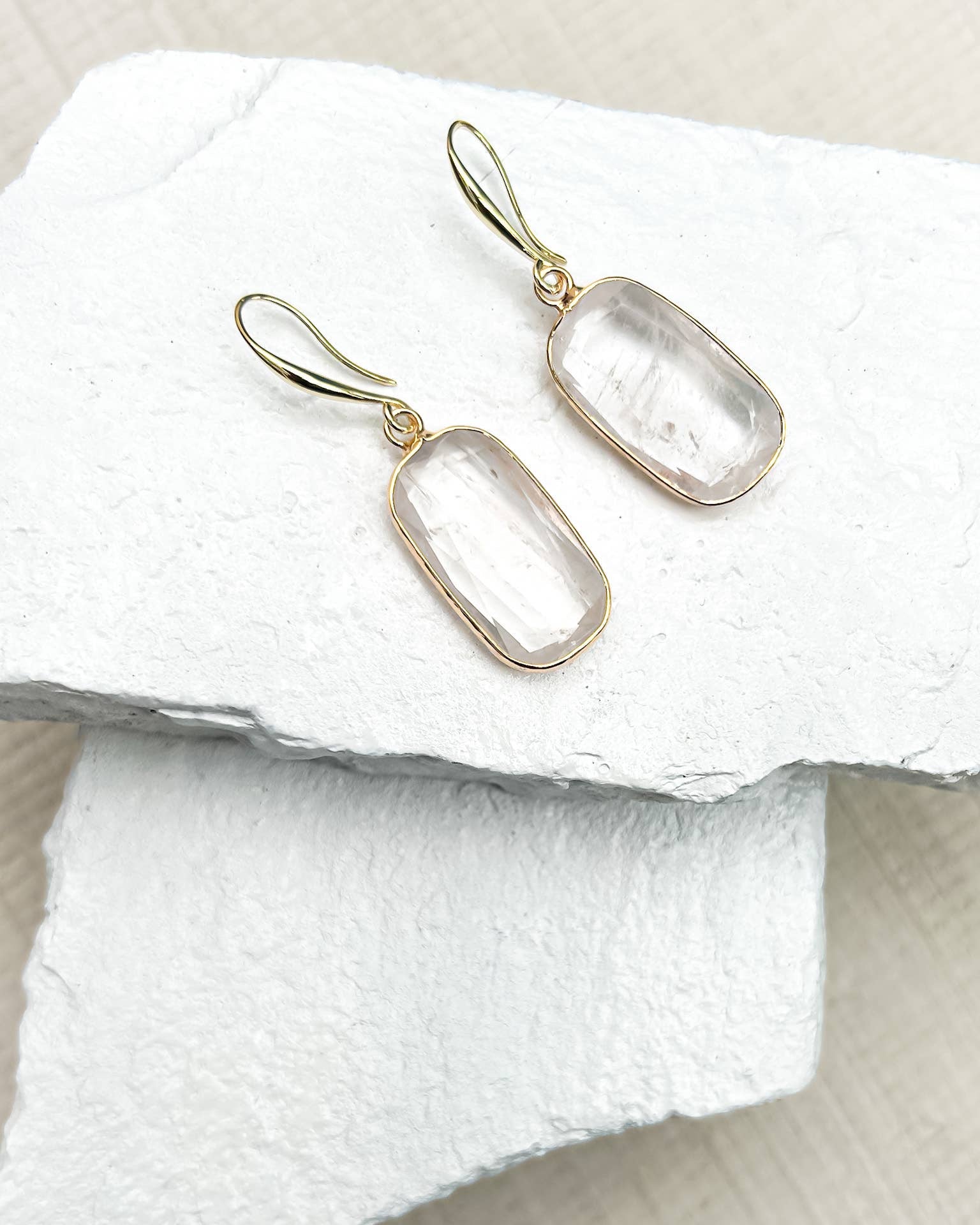 Clear Quartz Rectangle Gold-Plated Drop Earrings