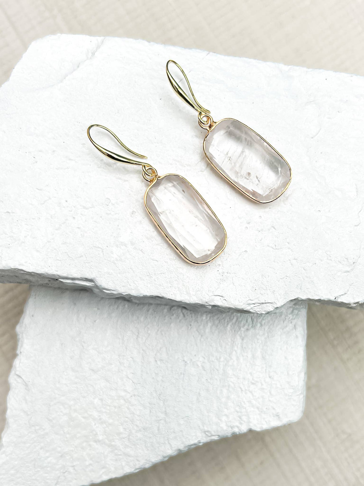 Clear Quartz Rectangle Gold-Plated Drop Earrings