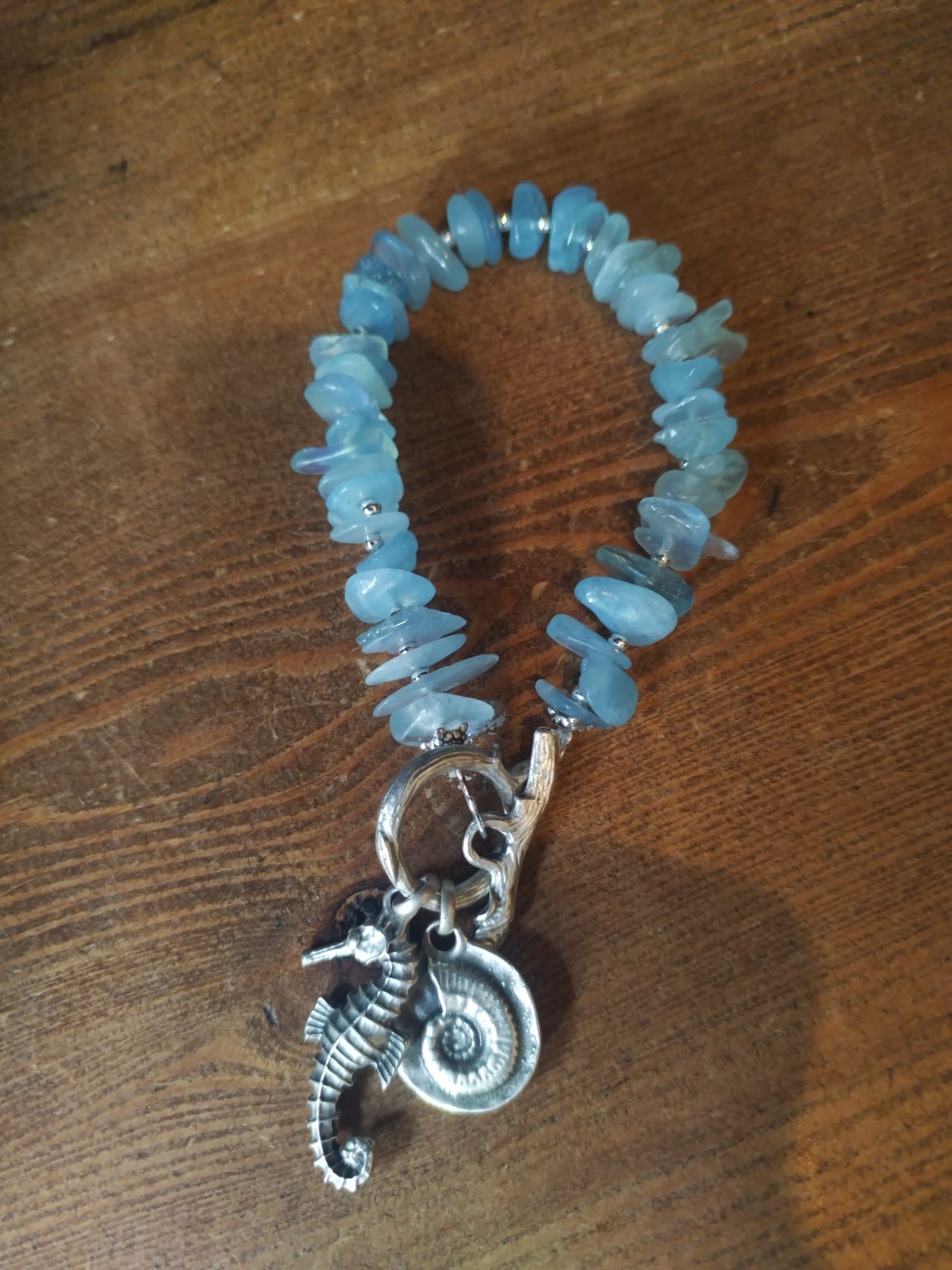 Pale Blue Harimar Shard Bracelet with Silver Sea Charms 19 cm Handmade in Bristol